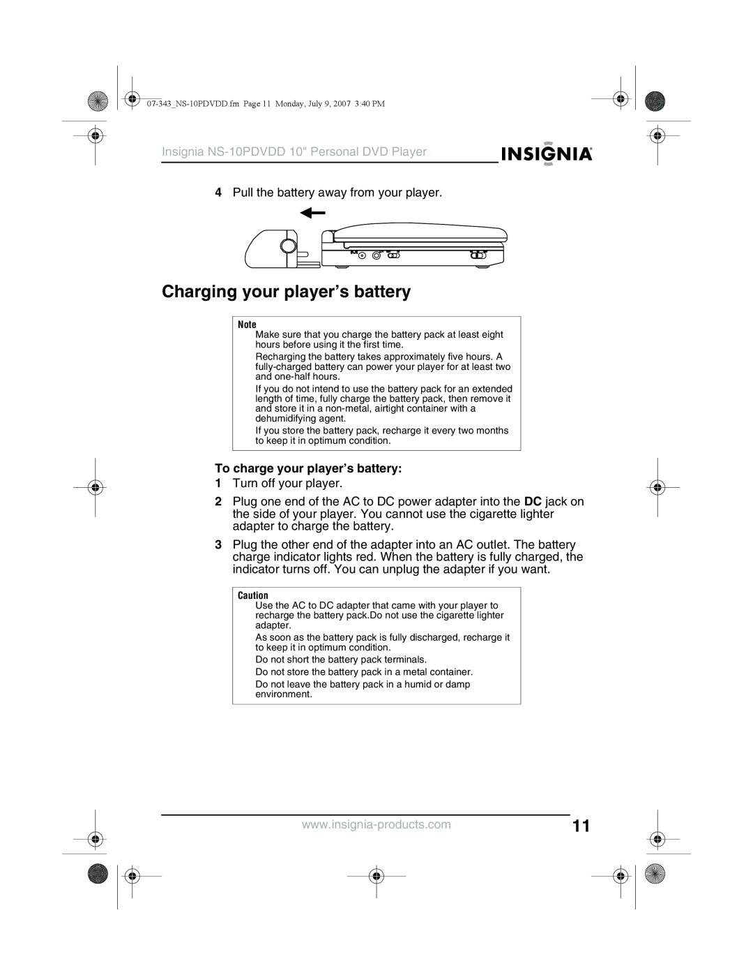 Insignia NS-10PDVDD manual Charging your player’s battery, To charge your player’s battery 