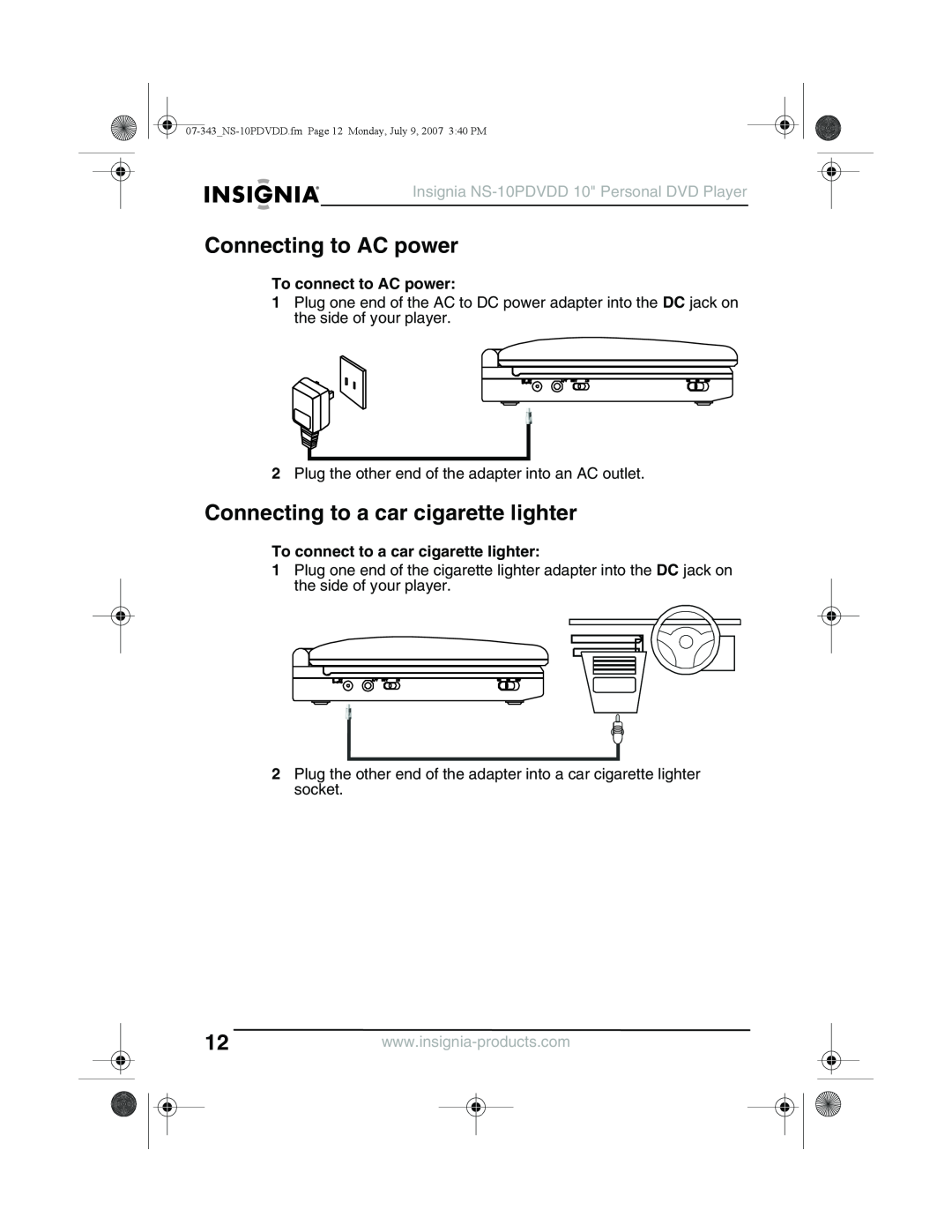 Insignia NS-10PDVDD manual Connecting to AC power, Connecting to a car cigarette lighter, To connect to AC power 