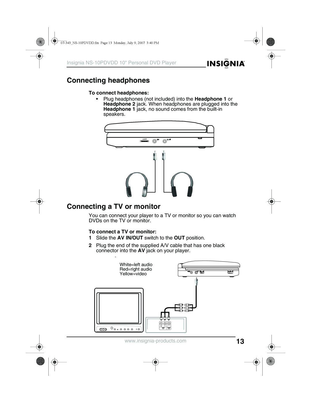 Insignia NS-10PDVDD Connecting headphones, Connecting a TV or monitor, To connect headphones, To connect a TV or monitor 