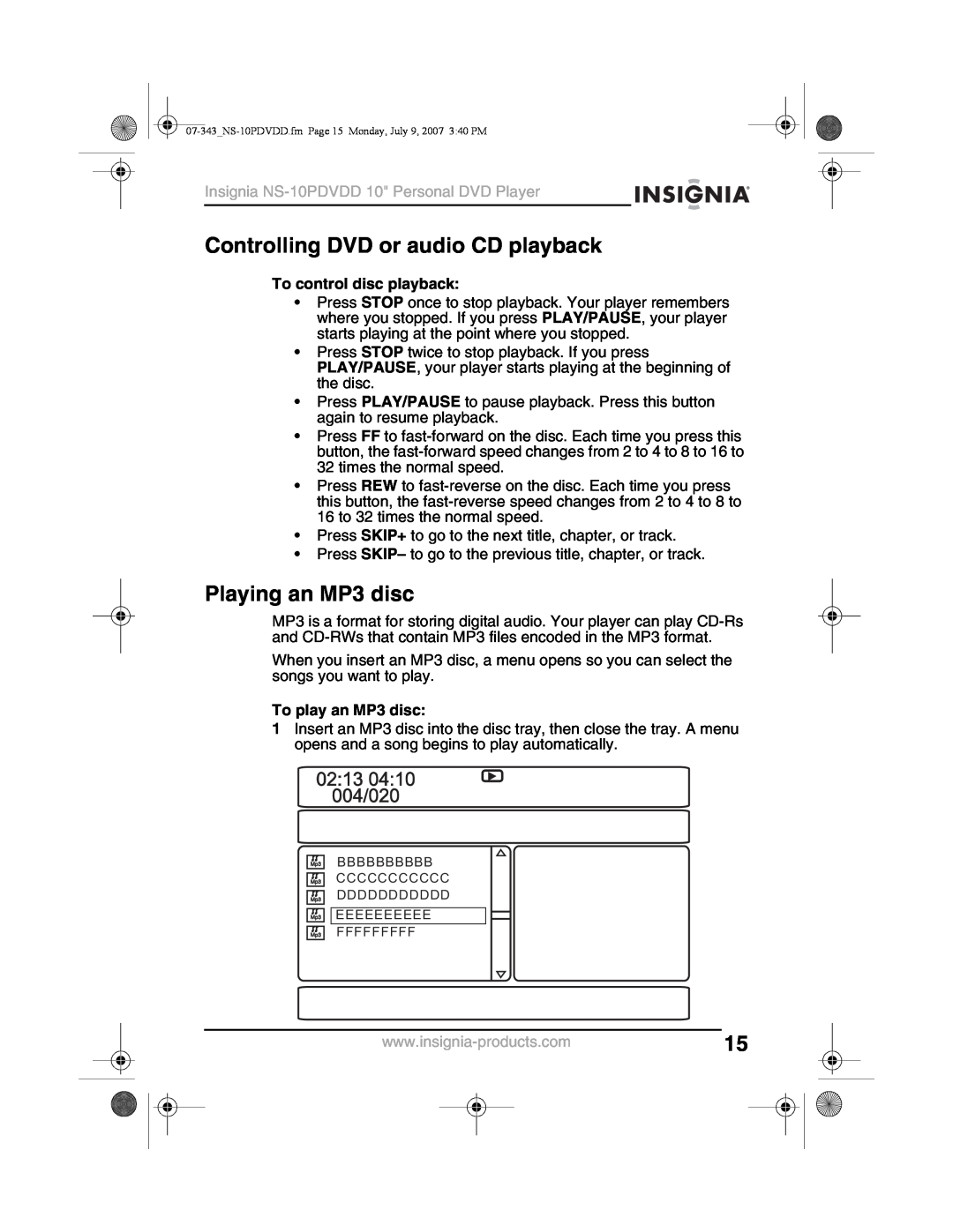Insignia NS-10PDVDD manual Controlling DVD or audio CD playback, Playing an MP3 disc, To control disc playback 