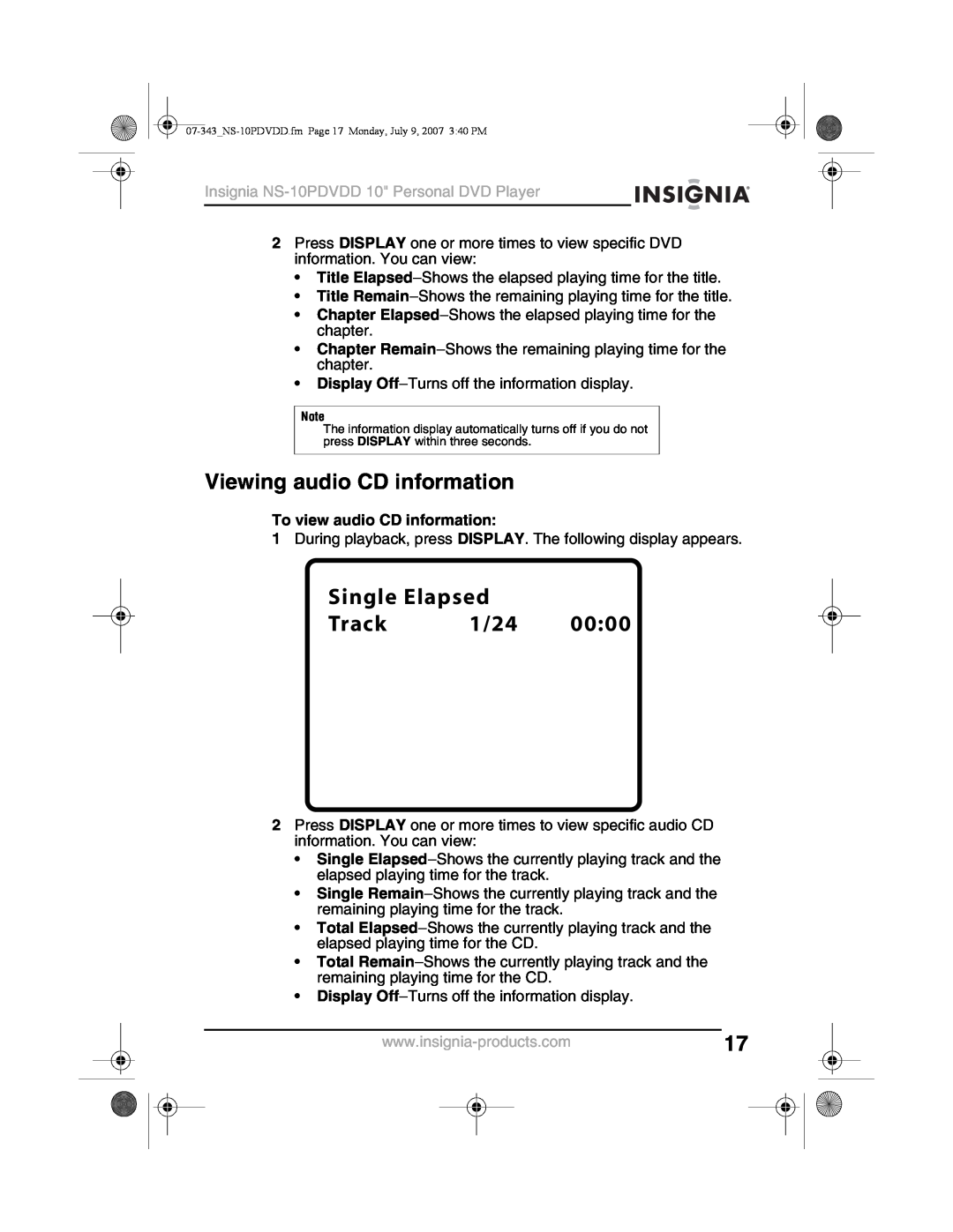 Insignia NS-10PDVDD manual Viewing audio CD information, Single Elapsed Track 1/24, To view audio CD information 