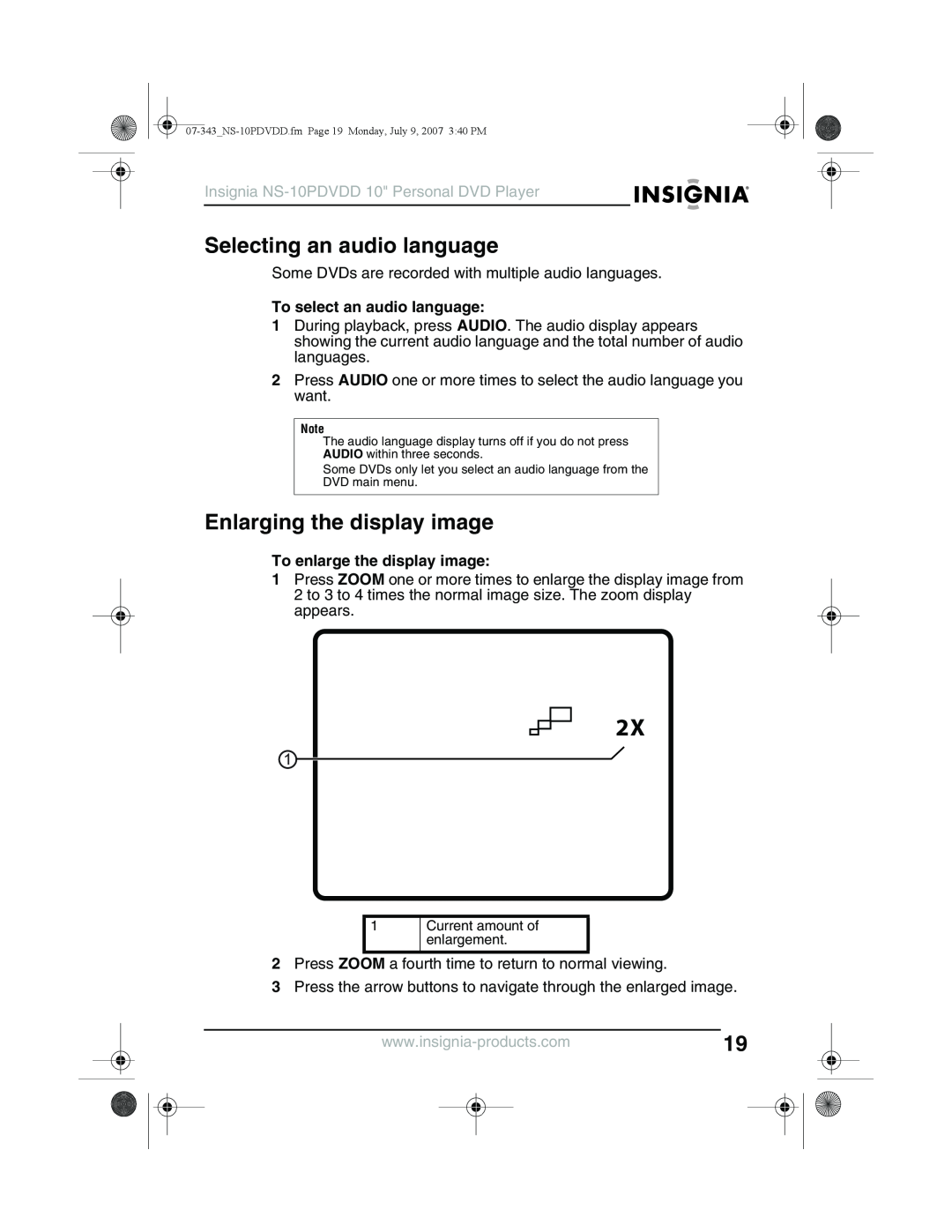 Insignia NS-10PDVDD manual Selecting an audio language, Enlarging the display image, To select an audio language 