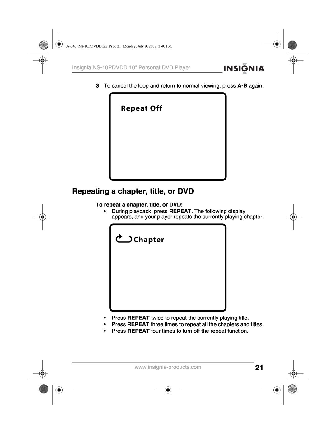 Insignia NS-10PDVDD manual Repeat Off, Repeating a chapter, title, or DVD, Chapter, To repeat a chapter, title, or DVD 