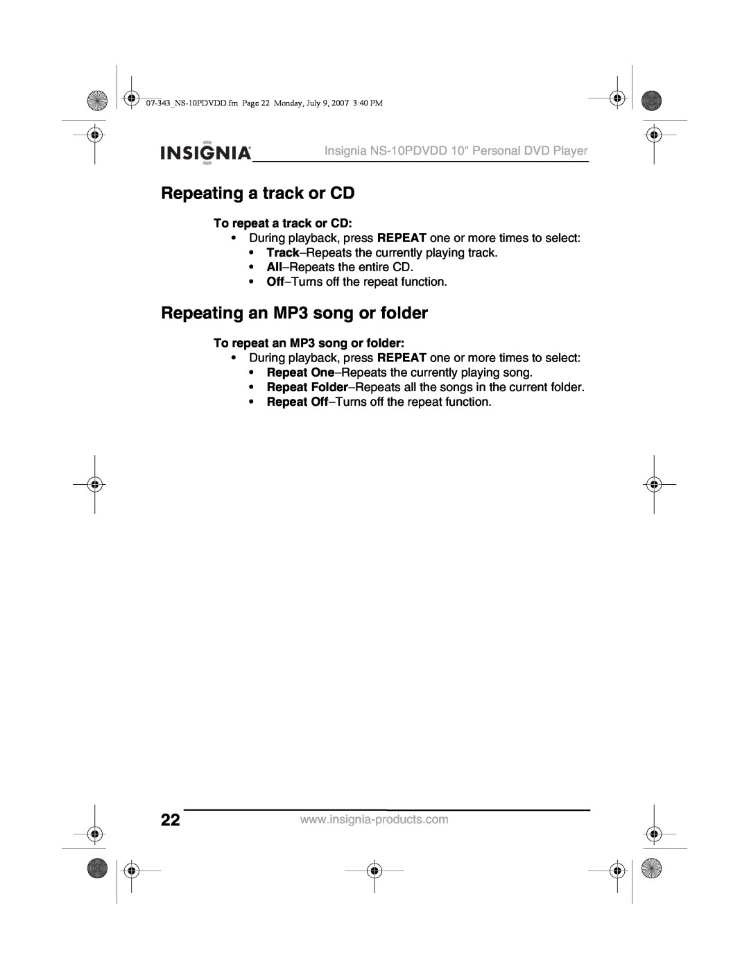 Insignia NS-10PDVDD manual Repeating a track or CD, Repeating an MP3 song or folder, To repeat a track or CD 