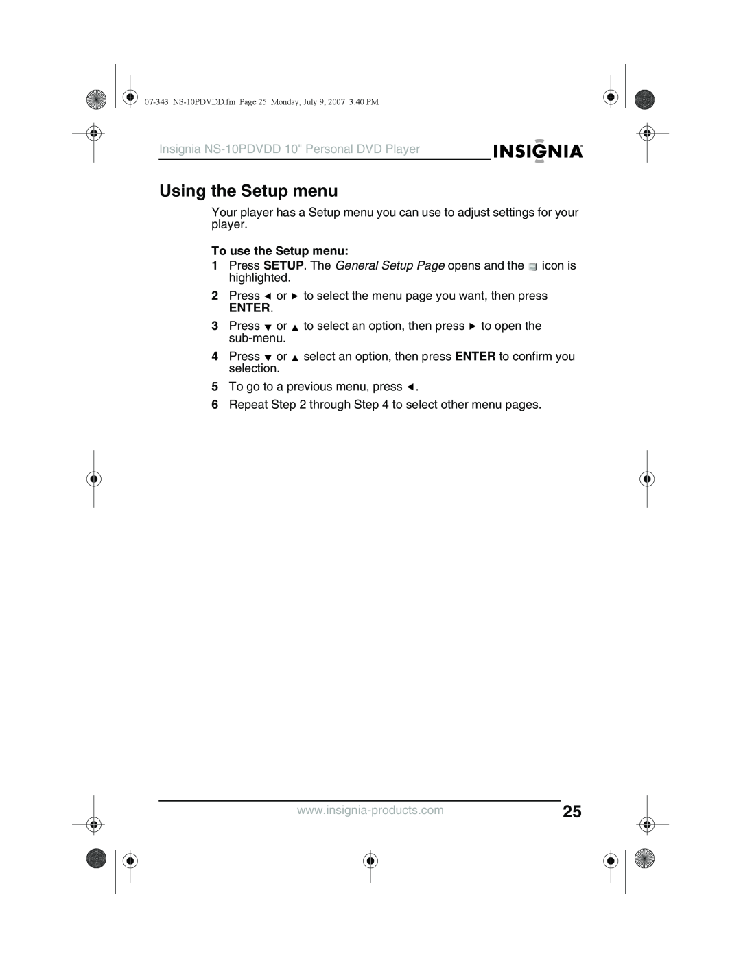 Insignia manual Using the Setup menu, To use the Setup menu, Enter, Insignia NS-10PDVDD 10 Personal DVD Player 