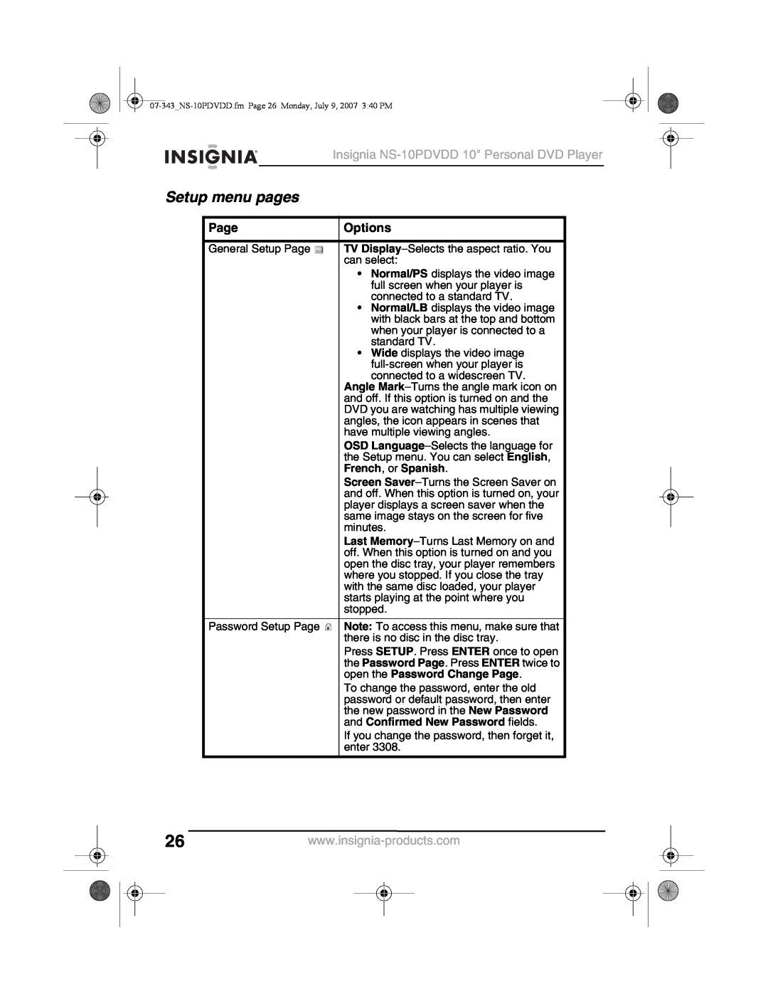 Insignia manual Setup menu pages, Page, Options, Insignia NS-10PDVDD 10 Personal DVD Player 