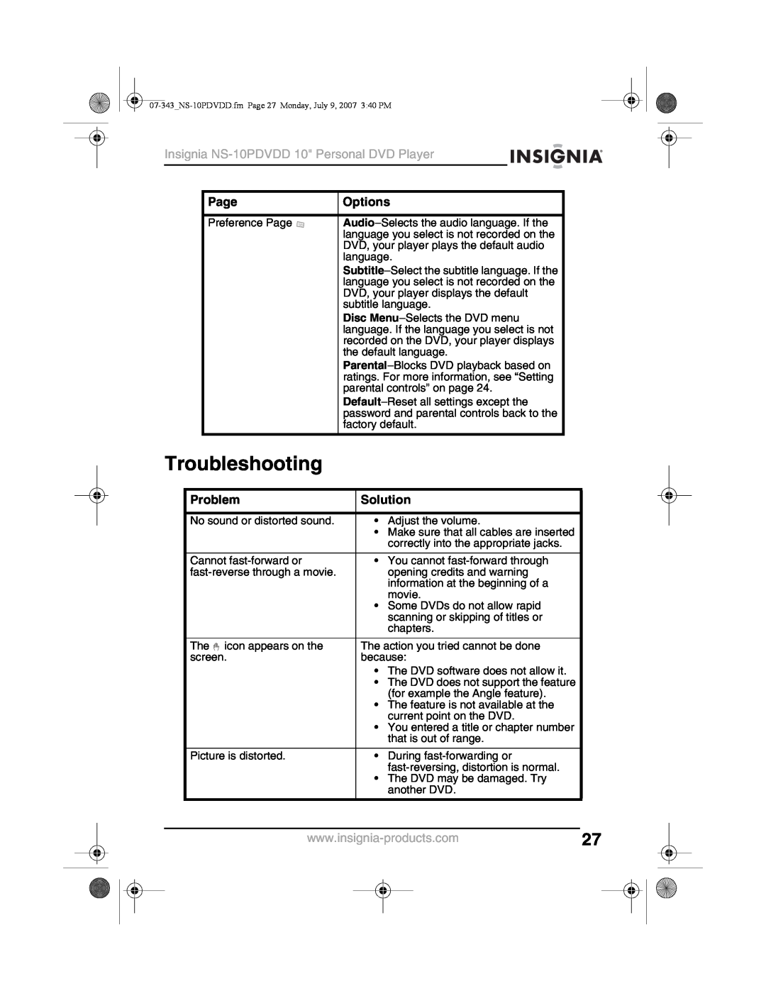 Insignia manual Troubleshooting, Problem, Solution, Insignia NS-10PDVDD 10 Personal DVD Player, Page, Options 