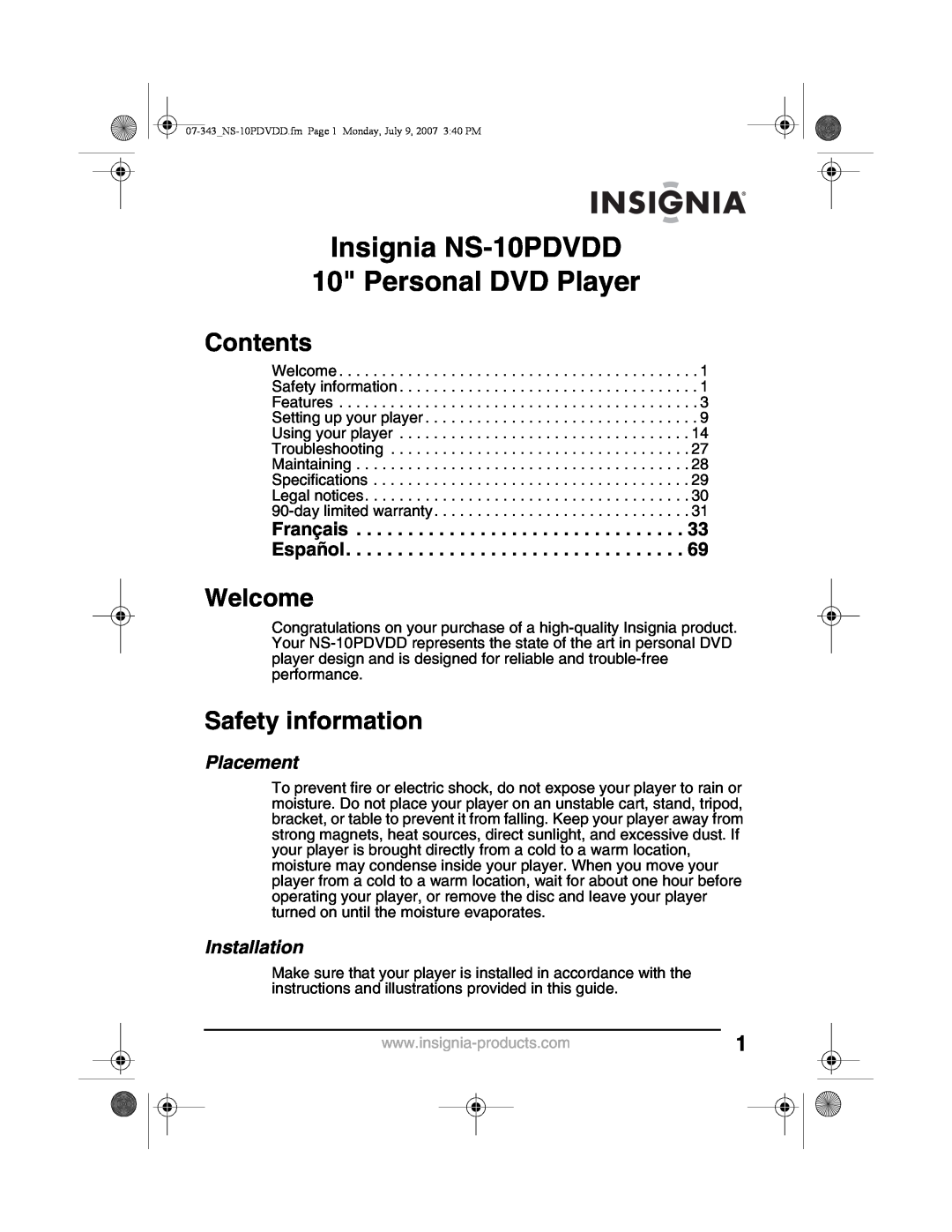 Insignia Insignia NS-10PDVDD 10 Personal DVD Player, Contents, Welcome, Safety information, Placement, Installation 