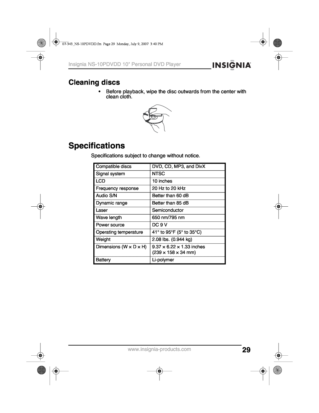 Insignia manual Specifications, Cleaning discs, Insignia NS-10PDVDD 10 Personal DVD Player 