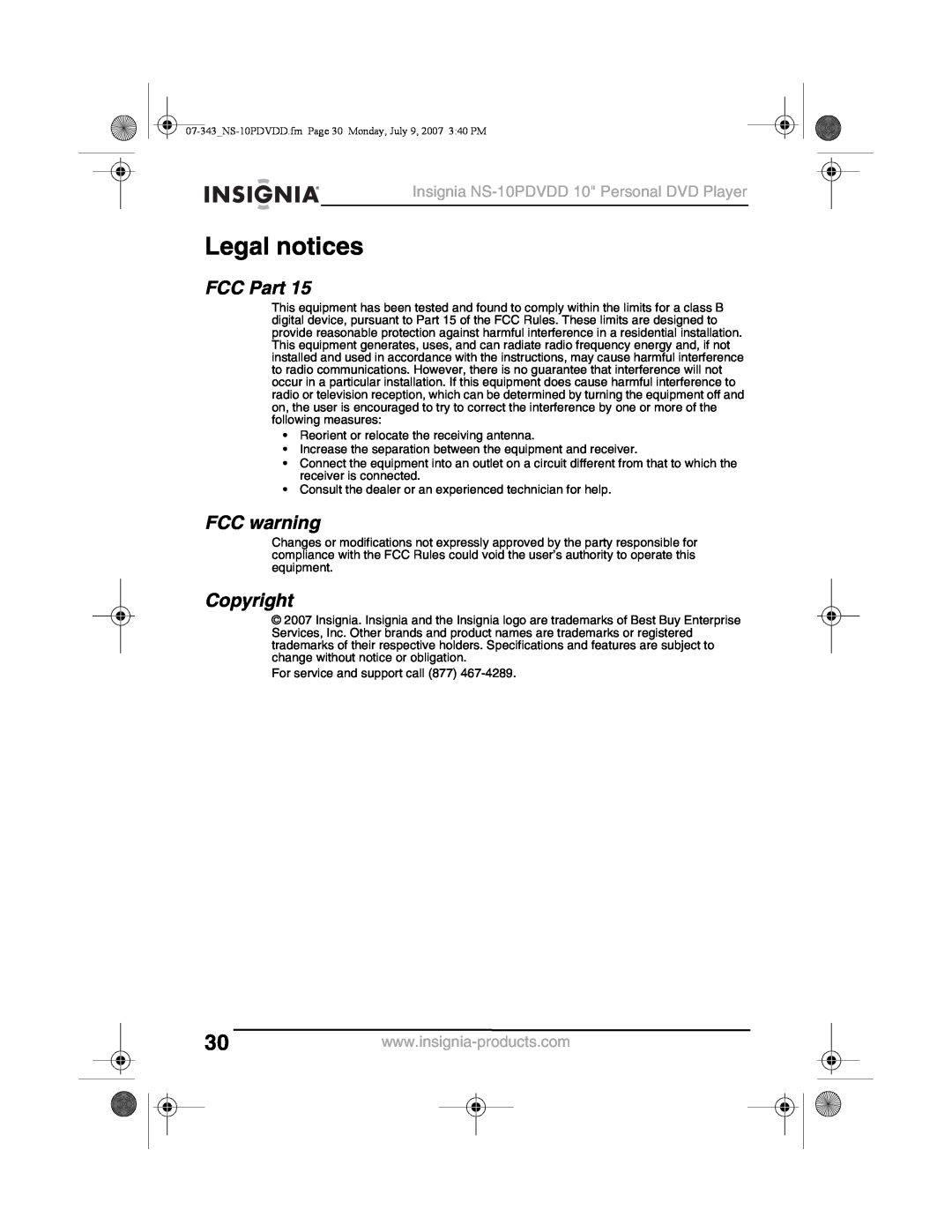Insignia manual Legal notices, FCC Part, FCC warning, Copyright, Insignia NS-10PDVDD 10 Personal DVD Player 