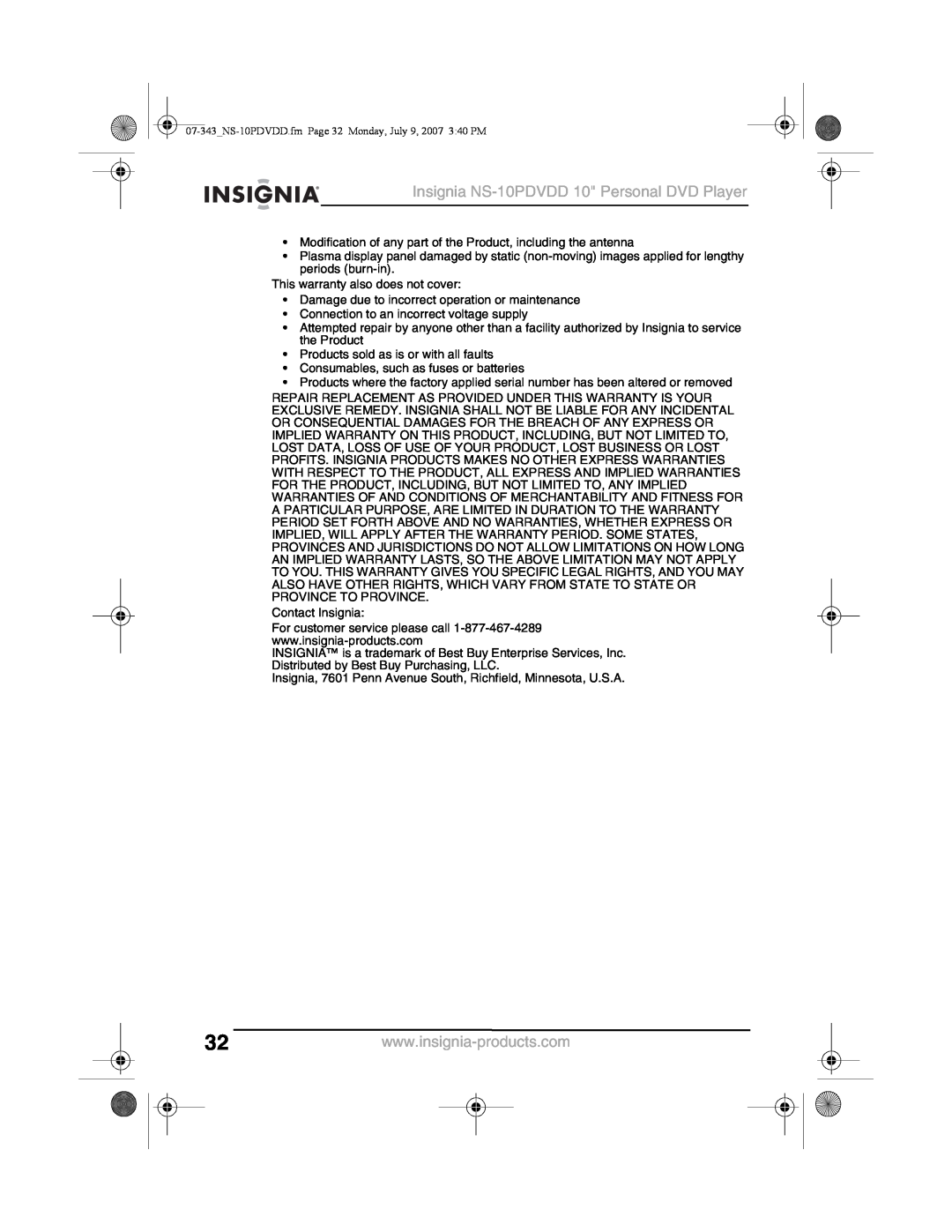 Insignia Insignia NS-10PDVDD 10 Personal DVD Player, Modification of any part of the Product, including the antenna 