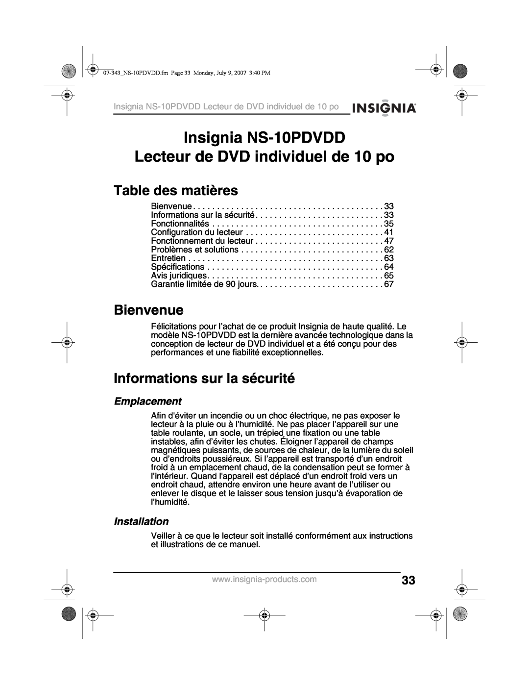 Insignia manual Insignia NS-10PDVDD Lecteur de DVD individuel de 10 po, Table des matières, Bienvenue, Emplacement 