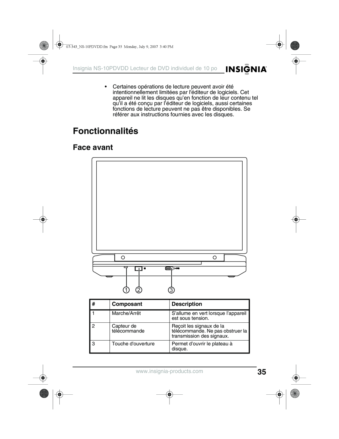 Insignia Fonctionnalités, Face avant, Composant, Insignia NS-10PDVDD Lecteur de DVD individuel de 10 po, Description 