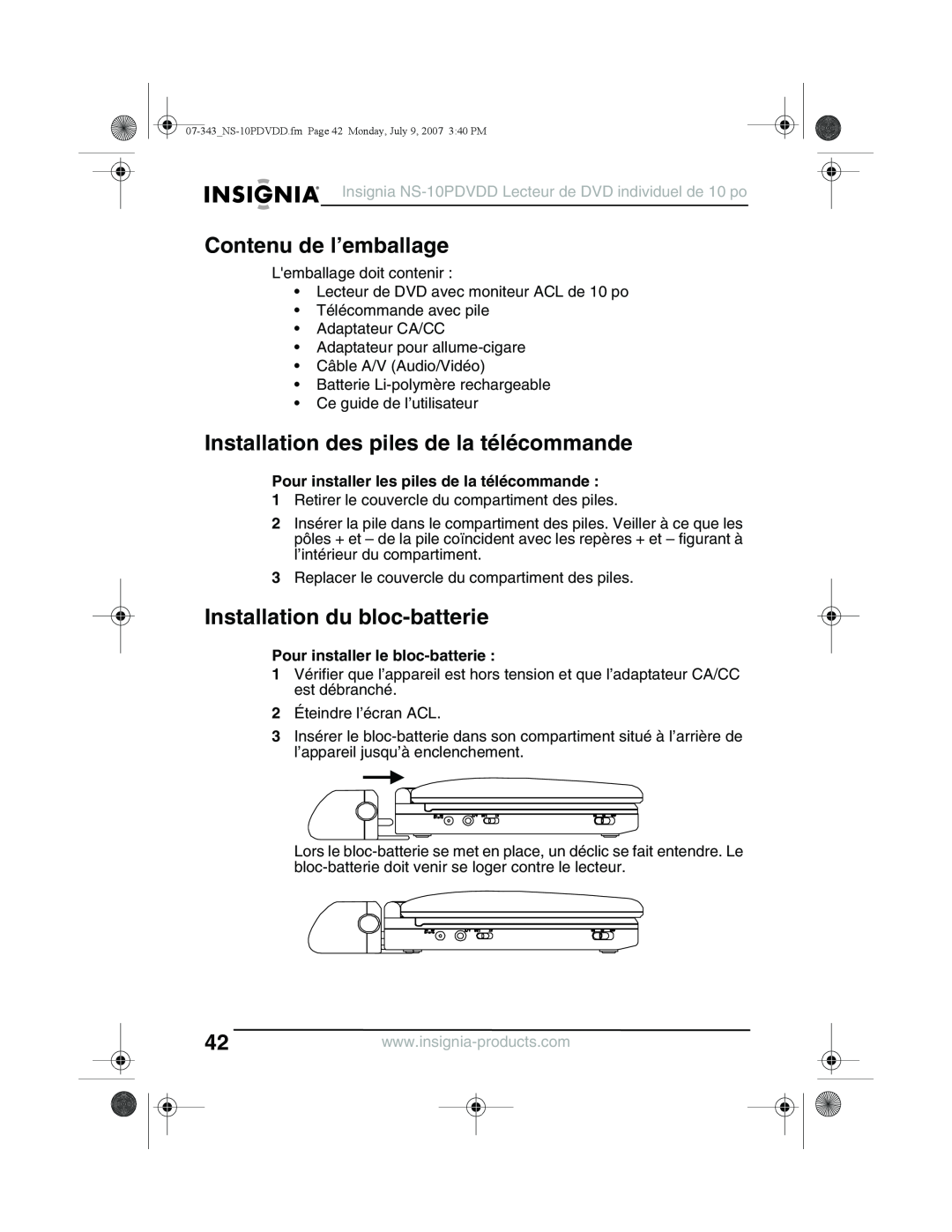 Insignia NS-10PDVDD manual Contenu de l’emballage, Installation des piles de la télécommande, Installation du bloc-batterie 