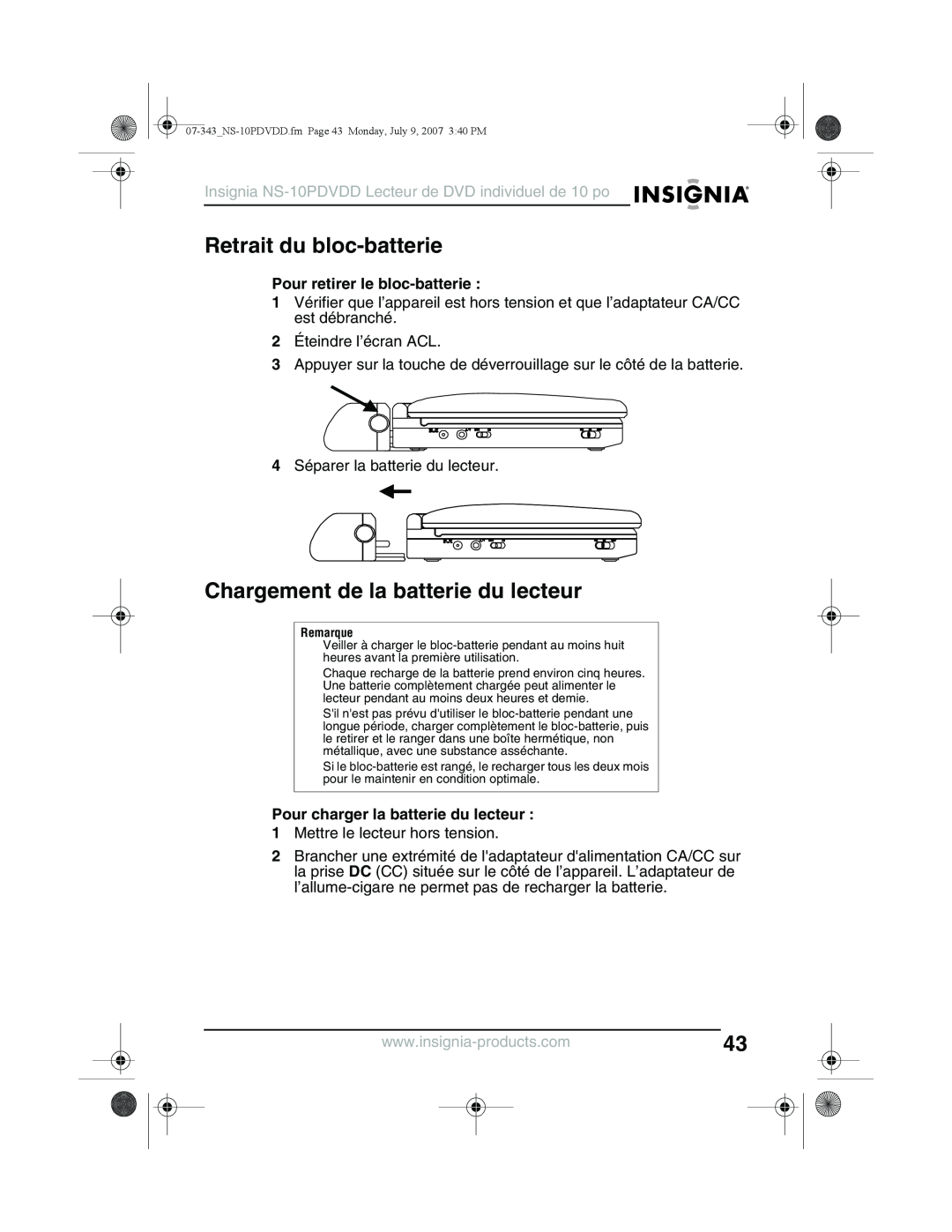 Insignia NS-10PDVDD manual Retrait du bloc-batterie, Chargement de la batterie du lecteur, Pour retirer le bloc-batterie 