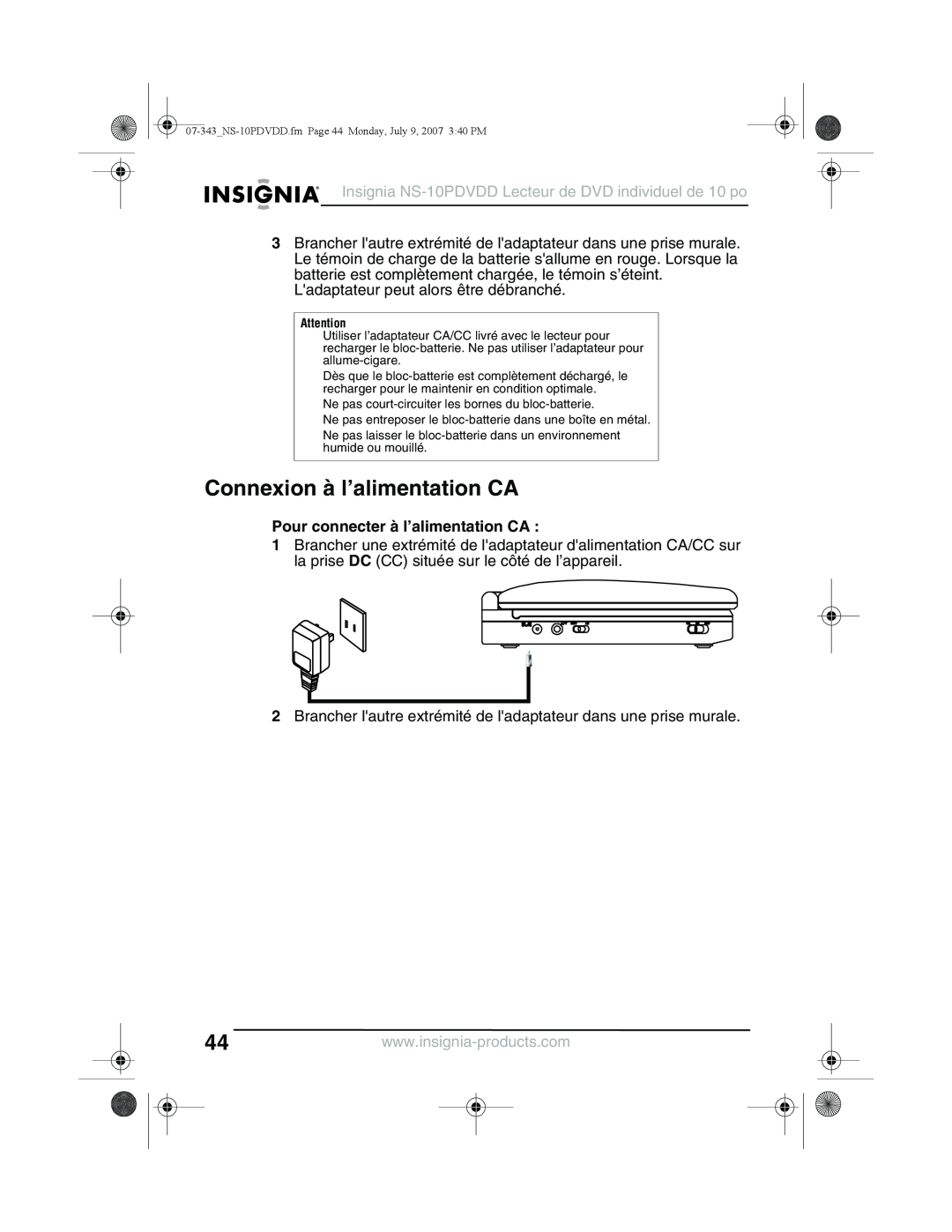 Insignia NS-10PDVDD manual Connexion à l’alimentation CA, Pour connecter à l’alimentation CA 