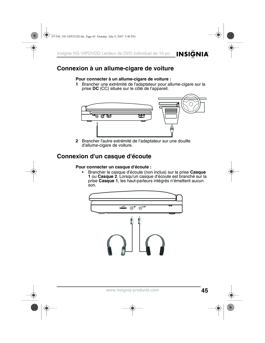 Insignia NS-10PDVDD manual Connexion à un allume-cigare de voiture, Connexion dun casque découte 