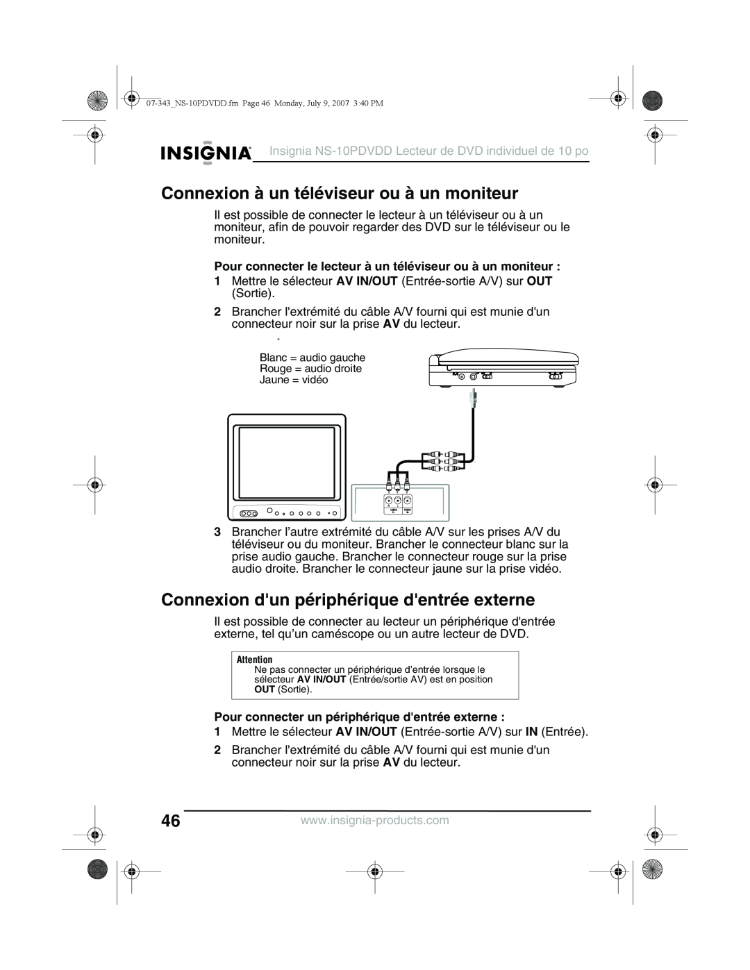 Insignia NS-10PDVDD manual Connexion à un téléviseur ou à un moniteur, Connexion dun périphérique dentrée externe 