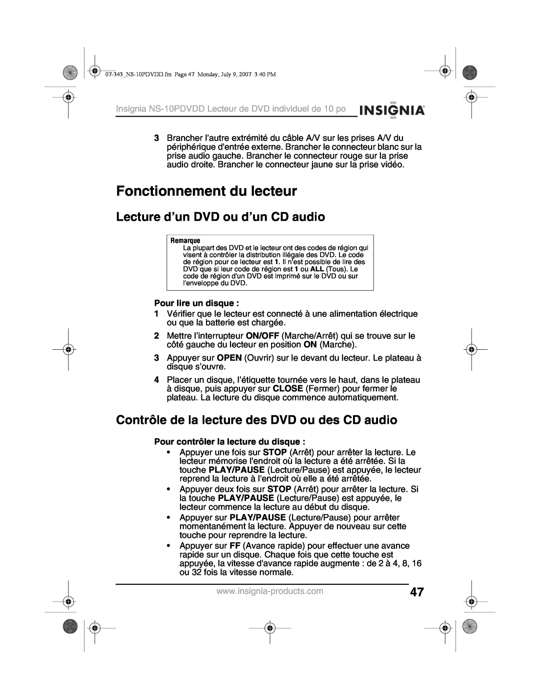 Insignia NS-10PDVDD manual Fonctionnement du lecteur, Lecture d’un DVD ou d’un CD audio, Pour lire un disque 