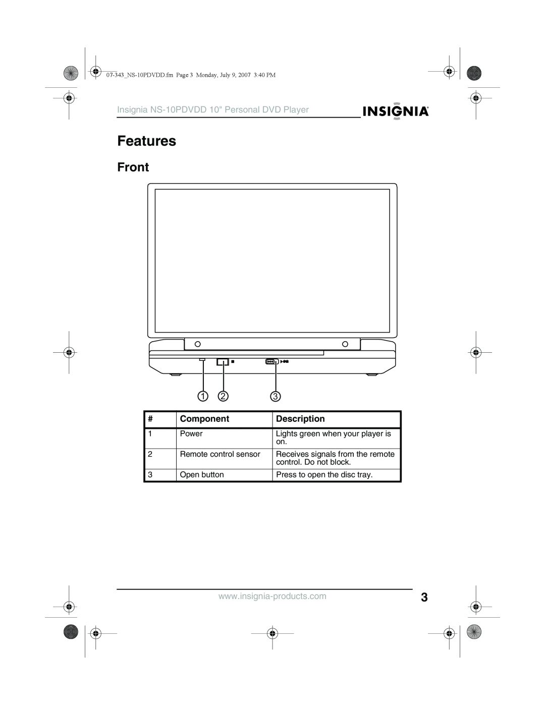 Insignia manual Features, Front, Component, Description, Insignia NS-10PDVDD 10 Personal DVD Player 