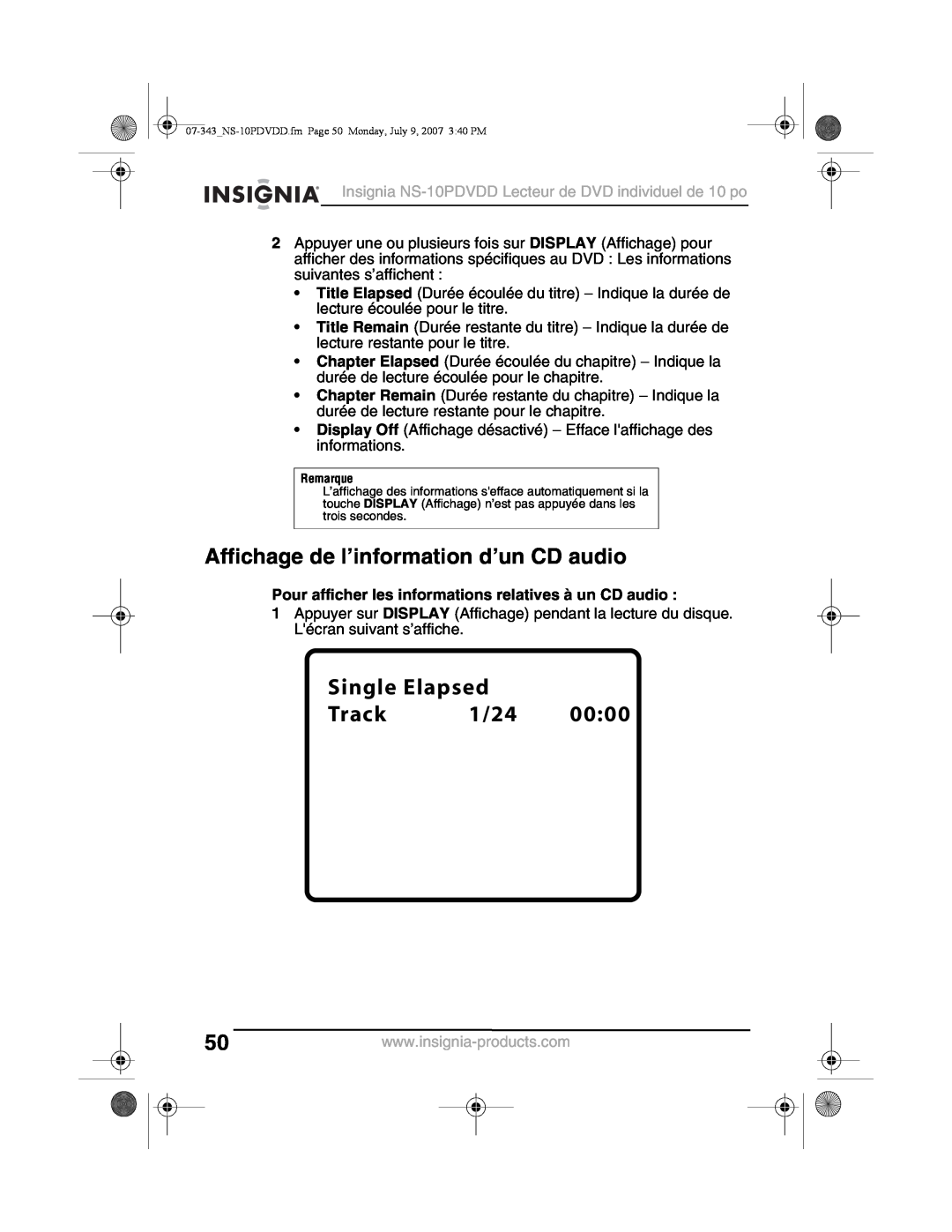 Insignia NS-10PDVDD manual Affichage de l’information d’un CD audio, Pour afficher les informations relatives à un CD audio 