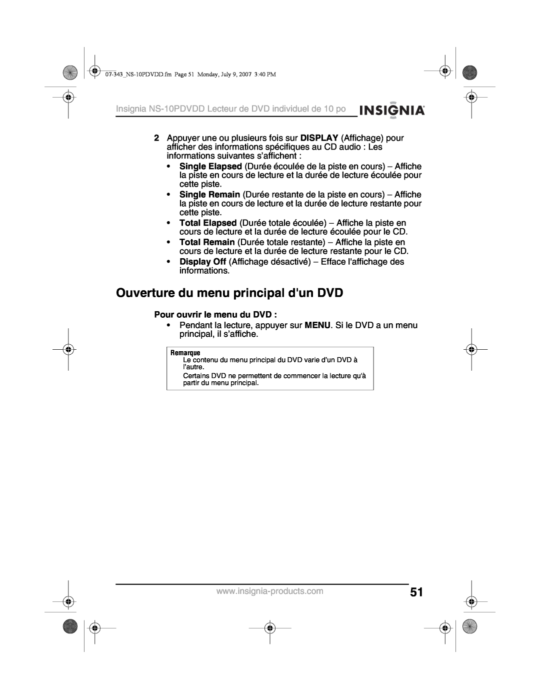 Insignia NS-10PDVDD manual Ouverture du menu principal dun DVD, Pour ouvrir le menu du DVD 