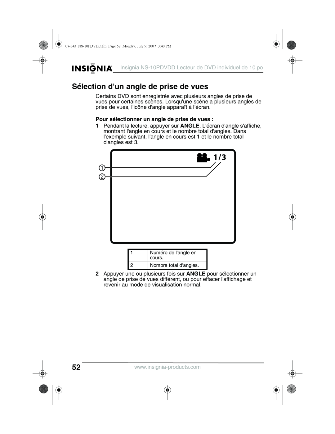 Insignia NS-10PDVDD manual Sélection dun angle de prise de vues, Pour sélectionner un angle de prise de vues 