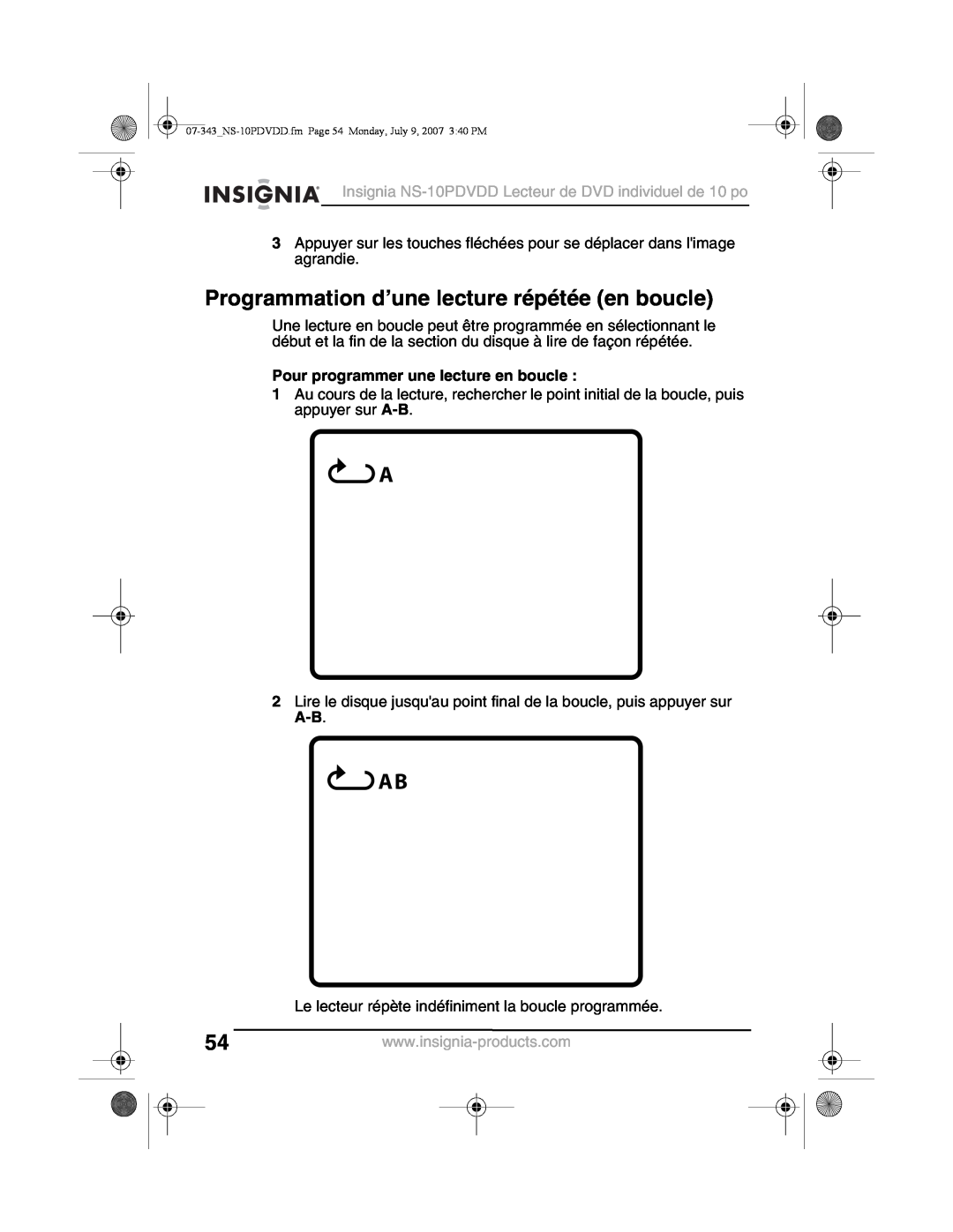 Insignia NS-10PDVDD manual Programmation d’une lecture répétée en boucle, Pour programmer une lecture en boucle 