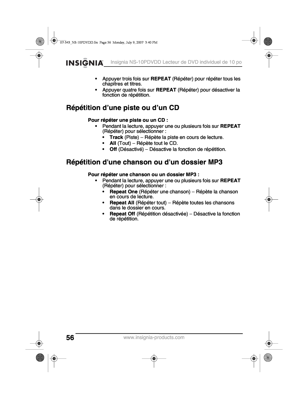 Insignia NS-10PDVDD manual Répétition d’une piste ou d’un CD, Répétition dune chanson ou dun dossier MP3 
