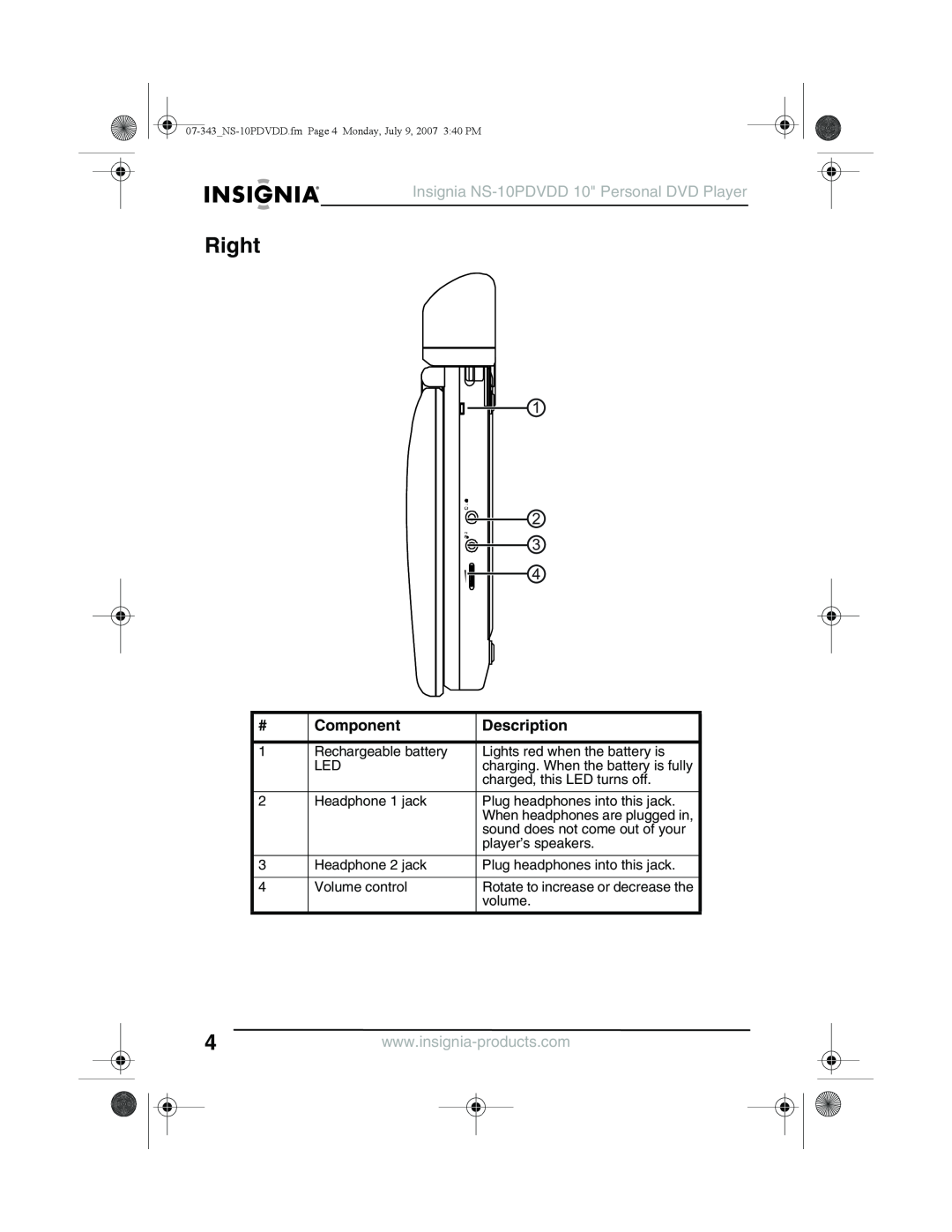 Insignia Right, Insignia NS-10PDVDD 10 Personal DVD Player, Component, Description, When headphones are plugged in 