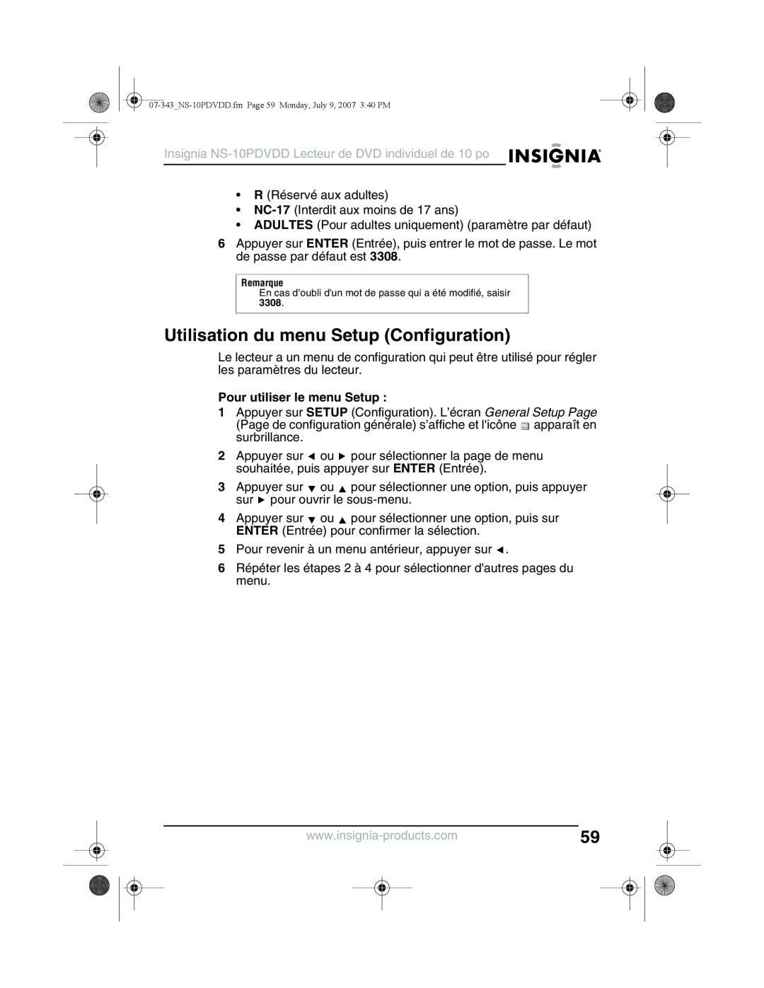 Insignia NS-10PDVDD manual Utilisation du menu Setup Configuration, Pour utiliser le menu Setup 