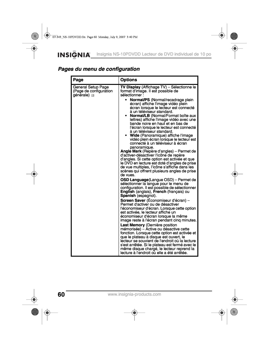 Insignia manual Pages du menu de configuration, Insignia NS-10PDVDD Lecteur de DVD individuel de 10 po, Options 