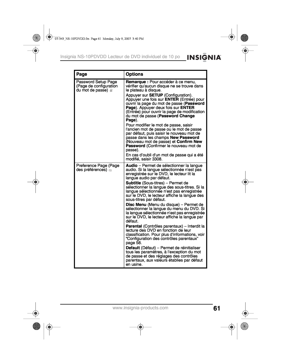 Insignia manual Insignia NS-10PDVDD Lecteur de DVD individuel de 10 po, Page, Options 