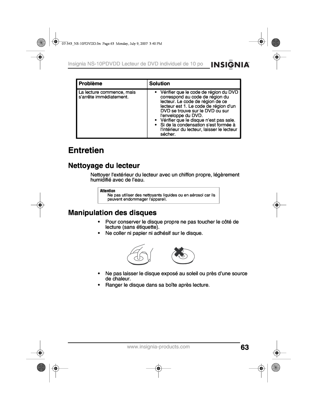 Insignia NS-10PDVDD manual Entretien, Nettoyage du lecteur, Manipulation des disques, Problème, Solution 