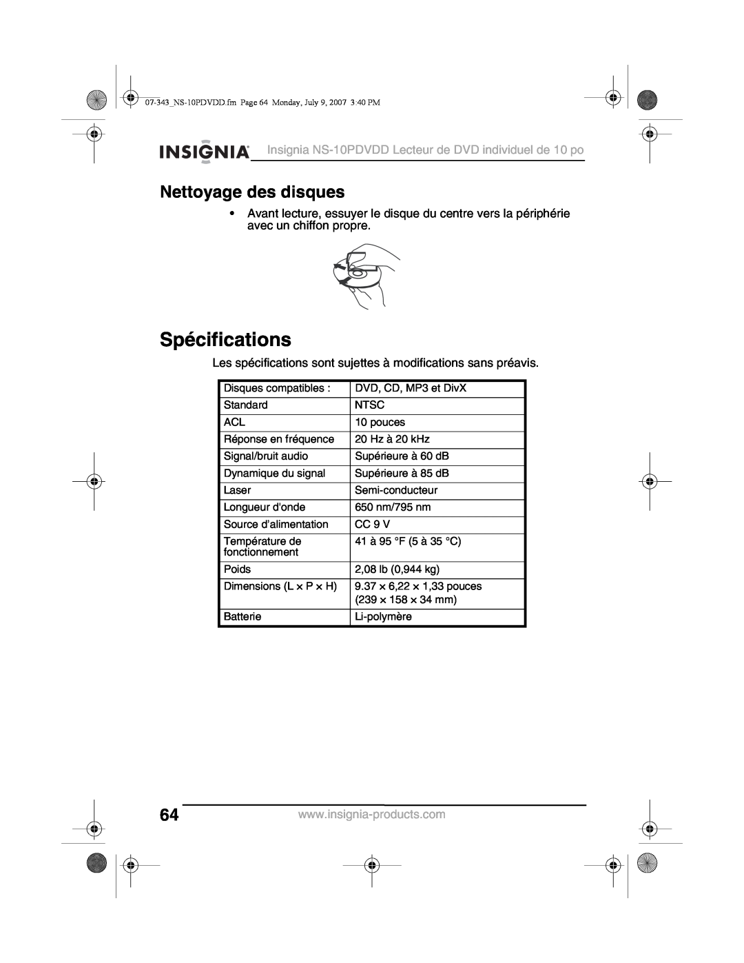 Insignia manual Spécifications, Nettoyage des disques, Insignia NS-10PDVDD Lecteur de DVD individuel de 10 po 