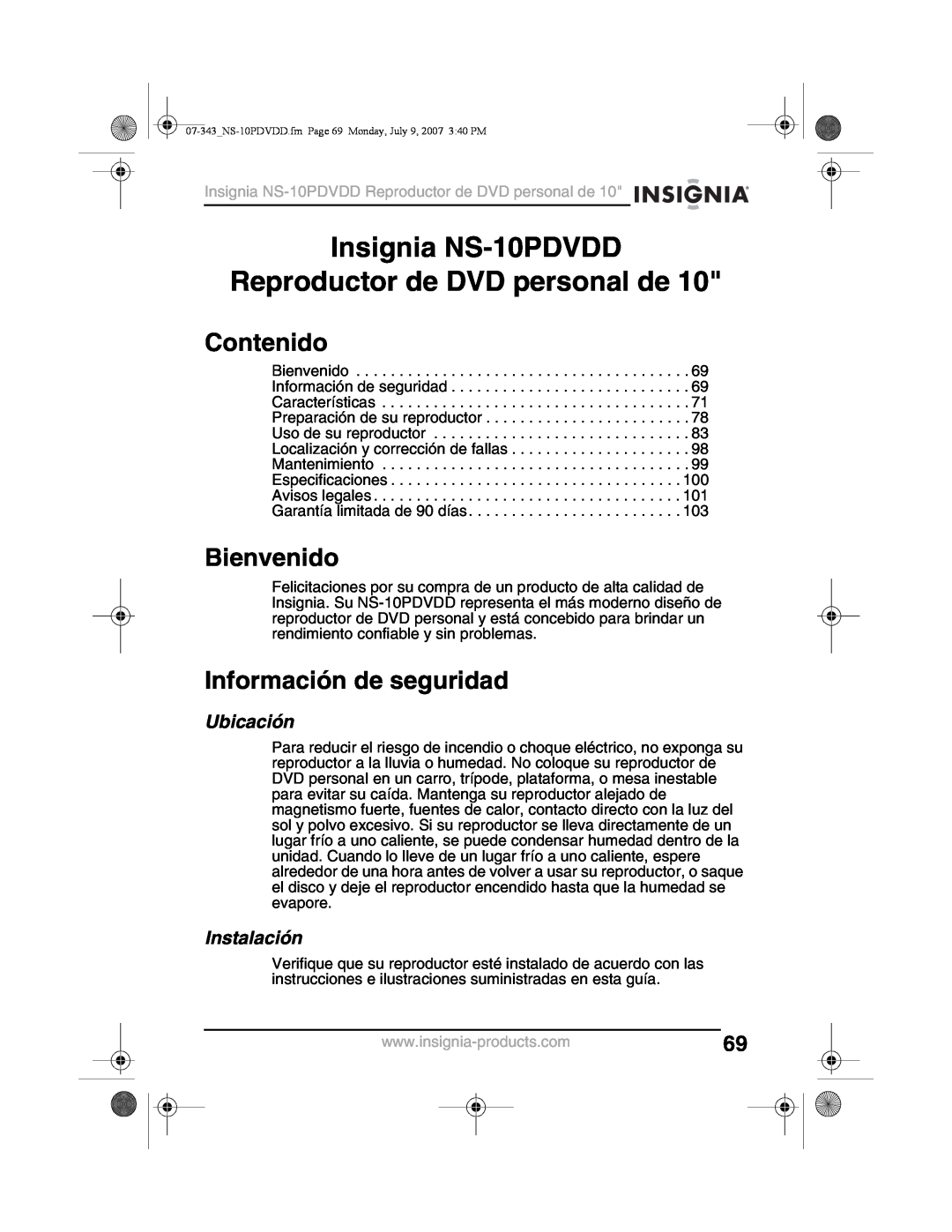 Insignia Insignia NS-10PDVDD Reproductor de DVD personal de, Contenido, Bienvenido, Información de seguridad, Ubicación 
