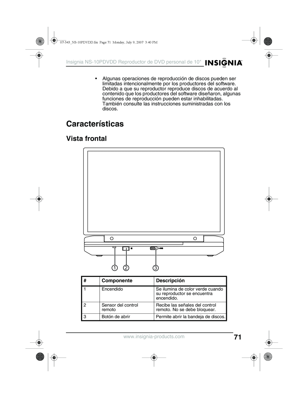 Insignia NS-10PDVDD manual Características, Vista frontal, Componente, Descripción 