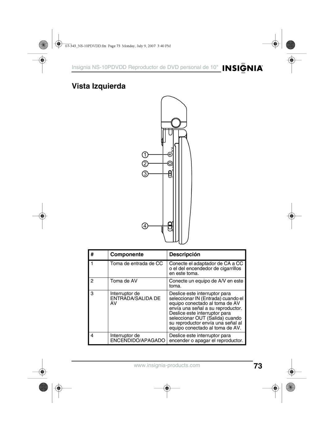 Insignia manual Vista Izquierda, Insignia NS-10PDVDD Reproductor de DVD personal de, Componente, Descripción 