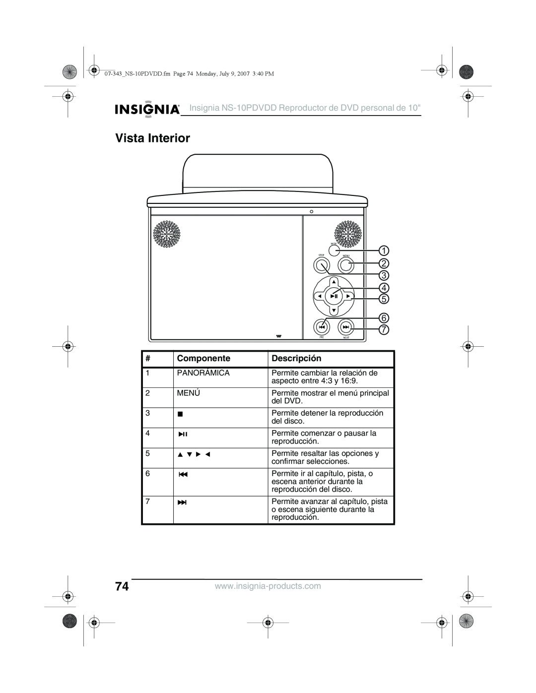 Insignia manual Vista Interior, Insignia NS-10PDVDD Reproductor de DVD personal de, Componente, Descripción 
