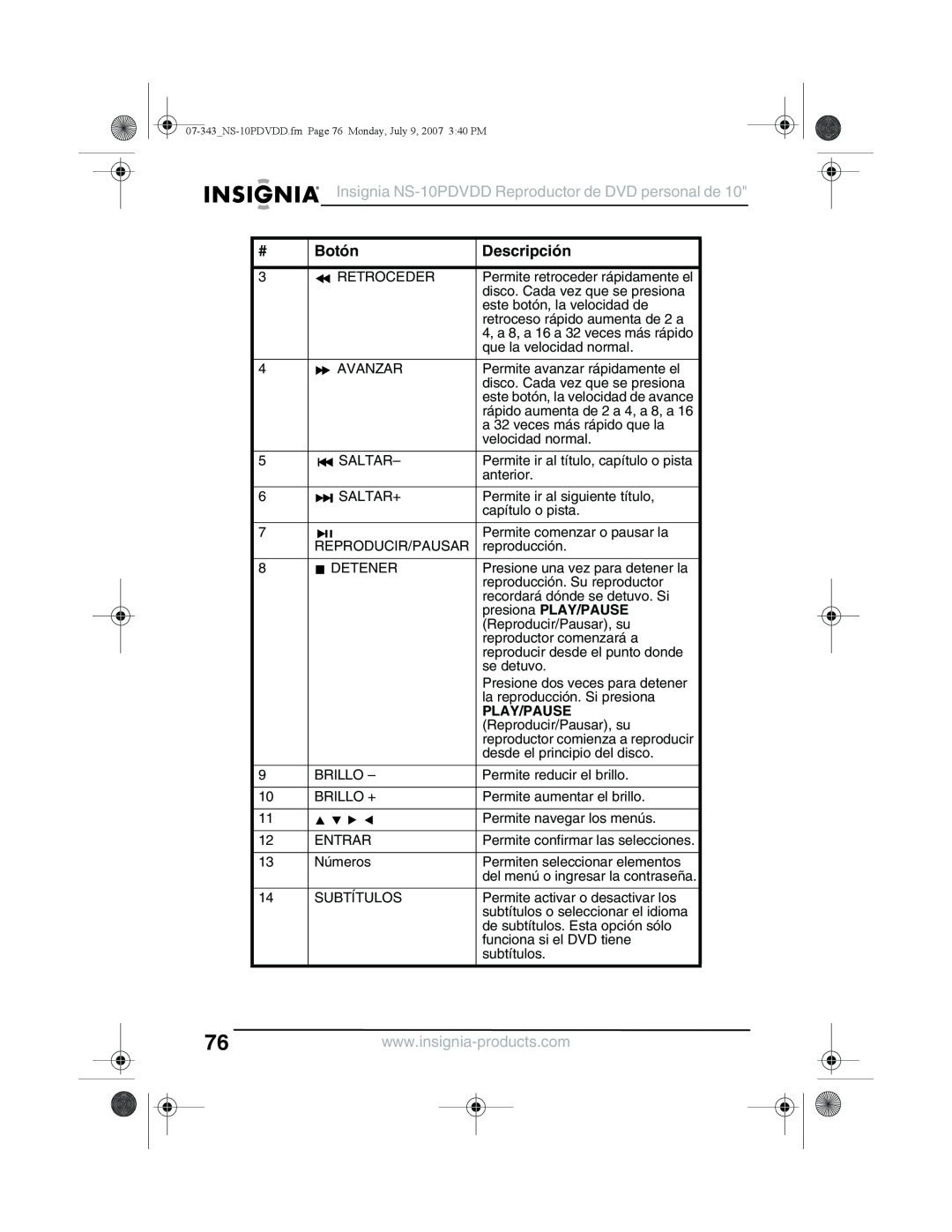 Insignia manual Insignia NS-10PDVDD Reproductor de DVD personal de, Botón, Descripción, presiona PLAY/PAUSE, Play/Pause 