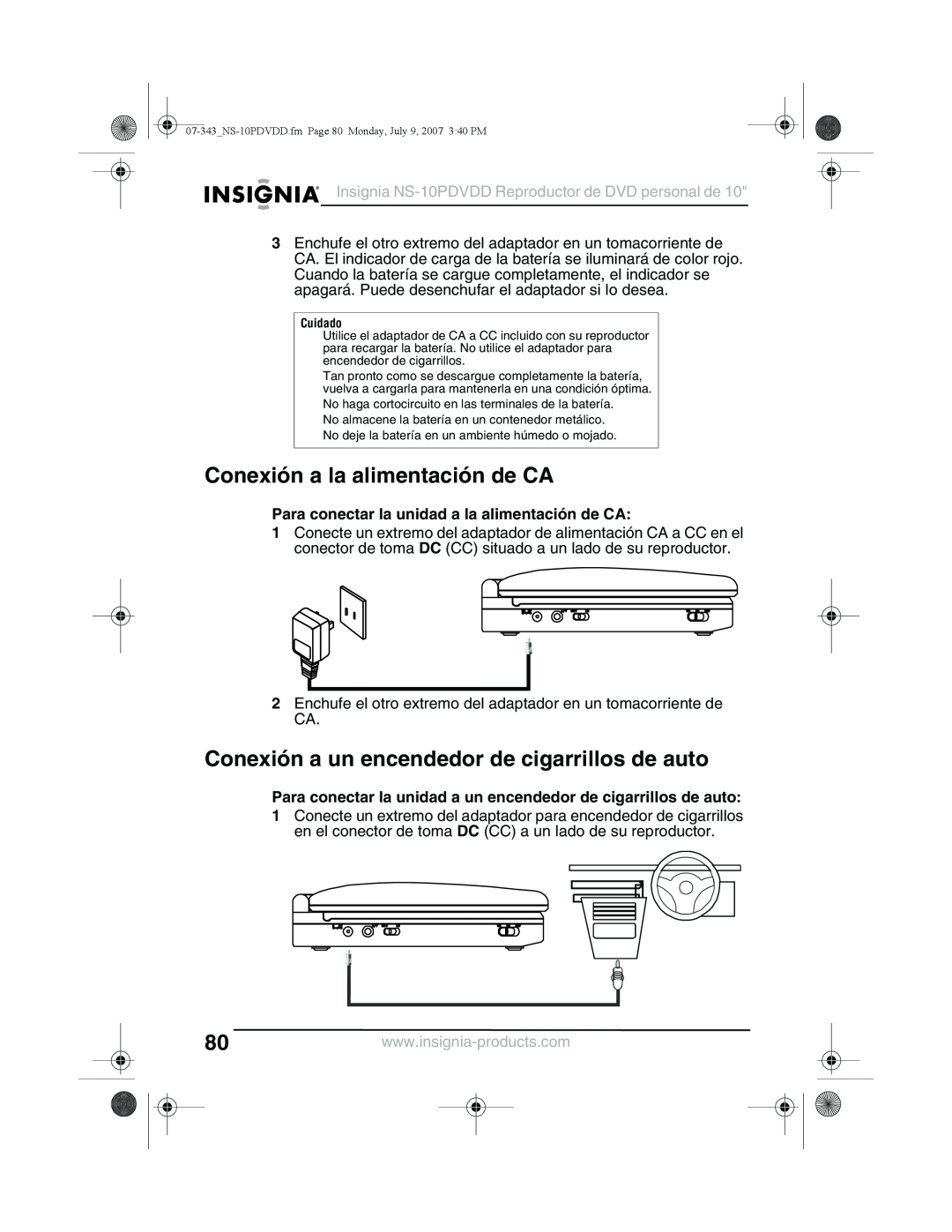 Insignia NS-10PDVDD manual Conexión a la alimentación de CA, Conexión a un encendedor de cigarrillos de auto 