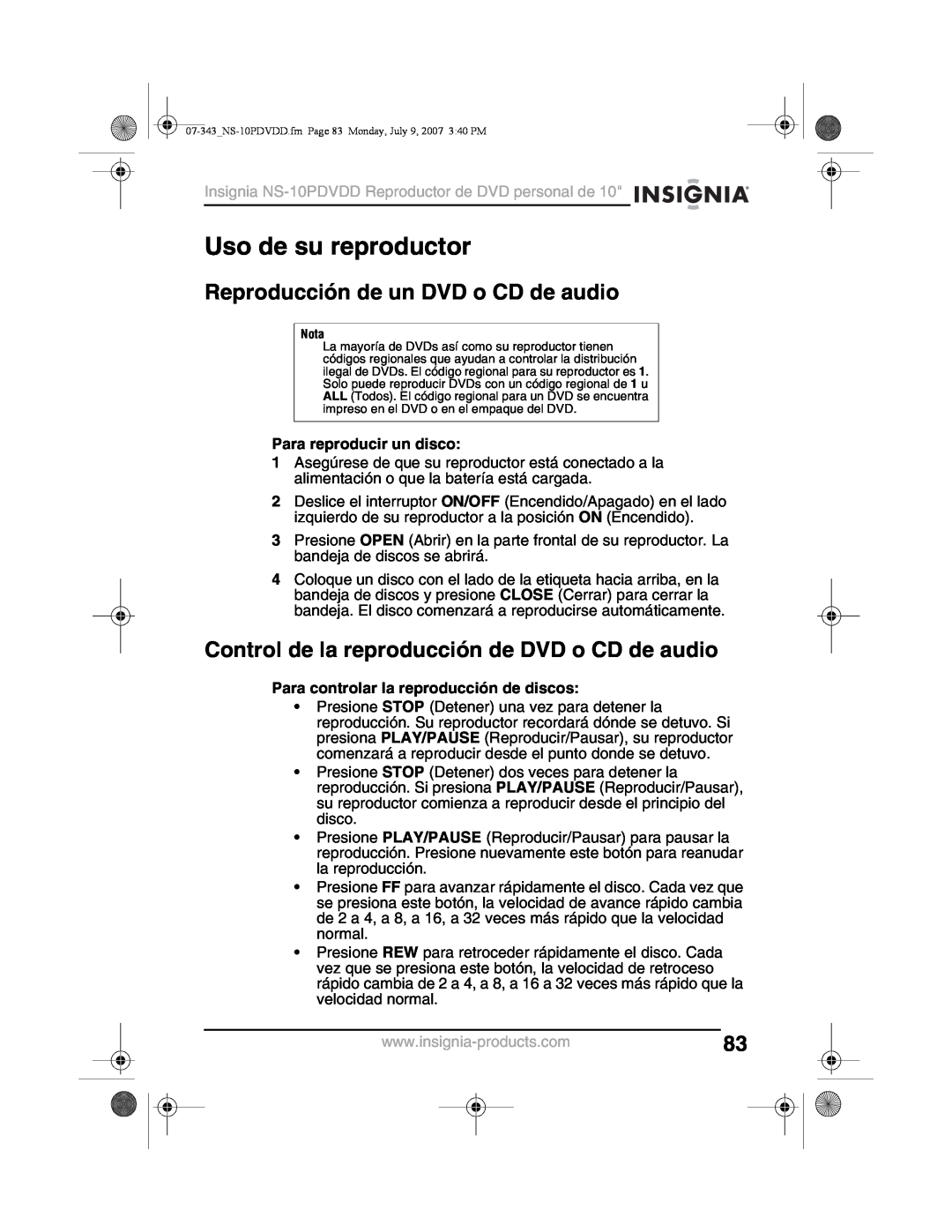Insignia NS-10PDVDD manual Uso de su reproductor, Reproducción de un DVD o CD de audio, Para reproducir un disco 