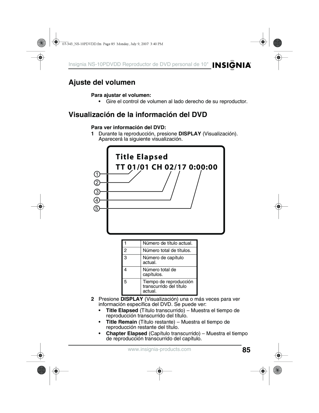 Insignia NS-10PDVDD manual Ajuste del volumen, Visualización de la información del DVD, Para ajustar el volumen 
