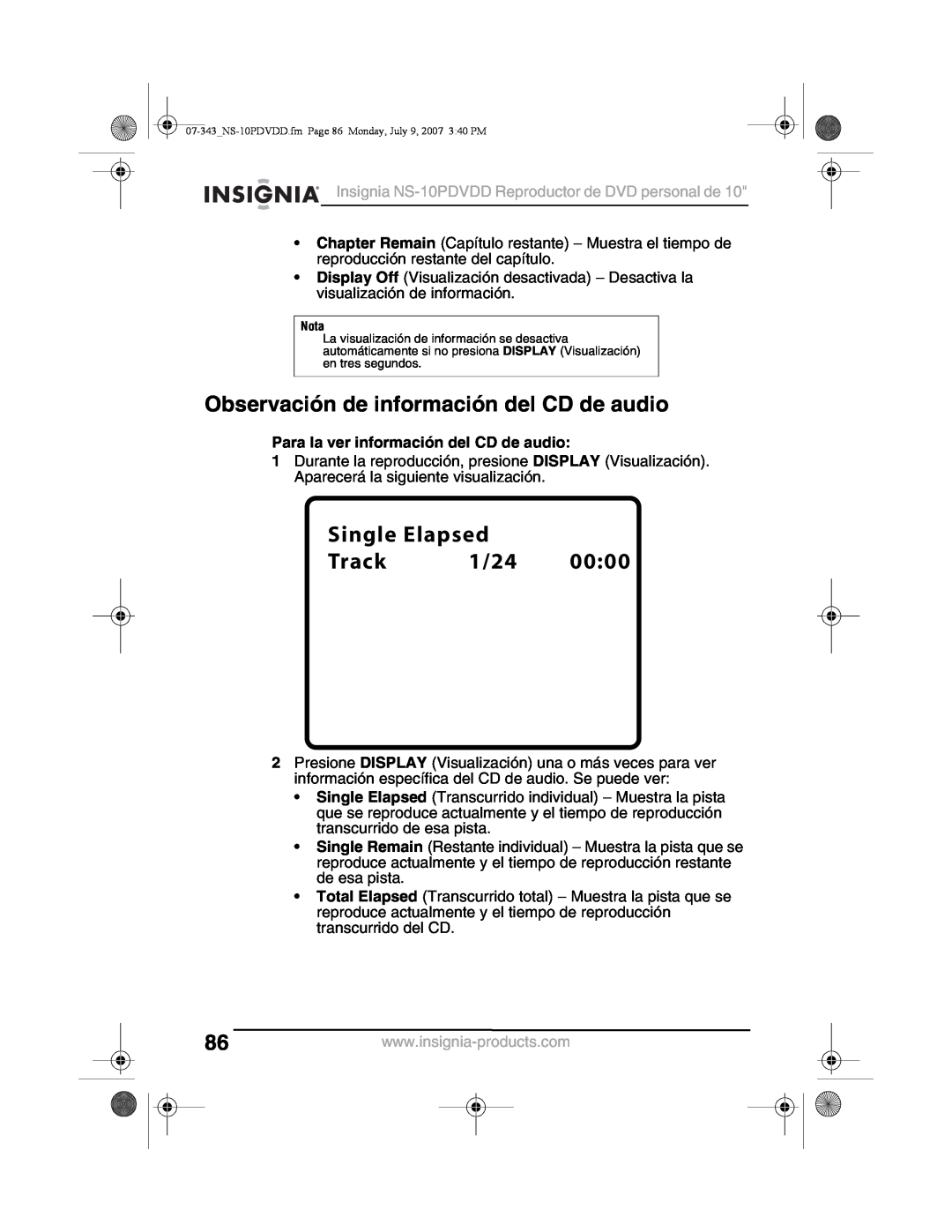 Insignia NS-10PDVDD manual Observación de información del CD de audio, Para la ver información del CD de audio 