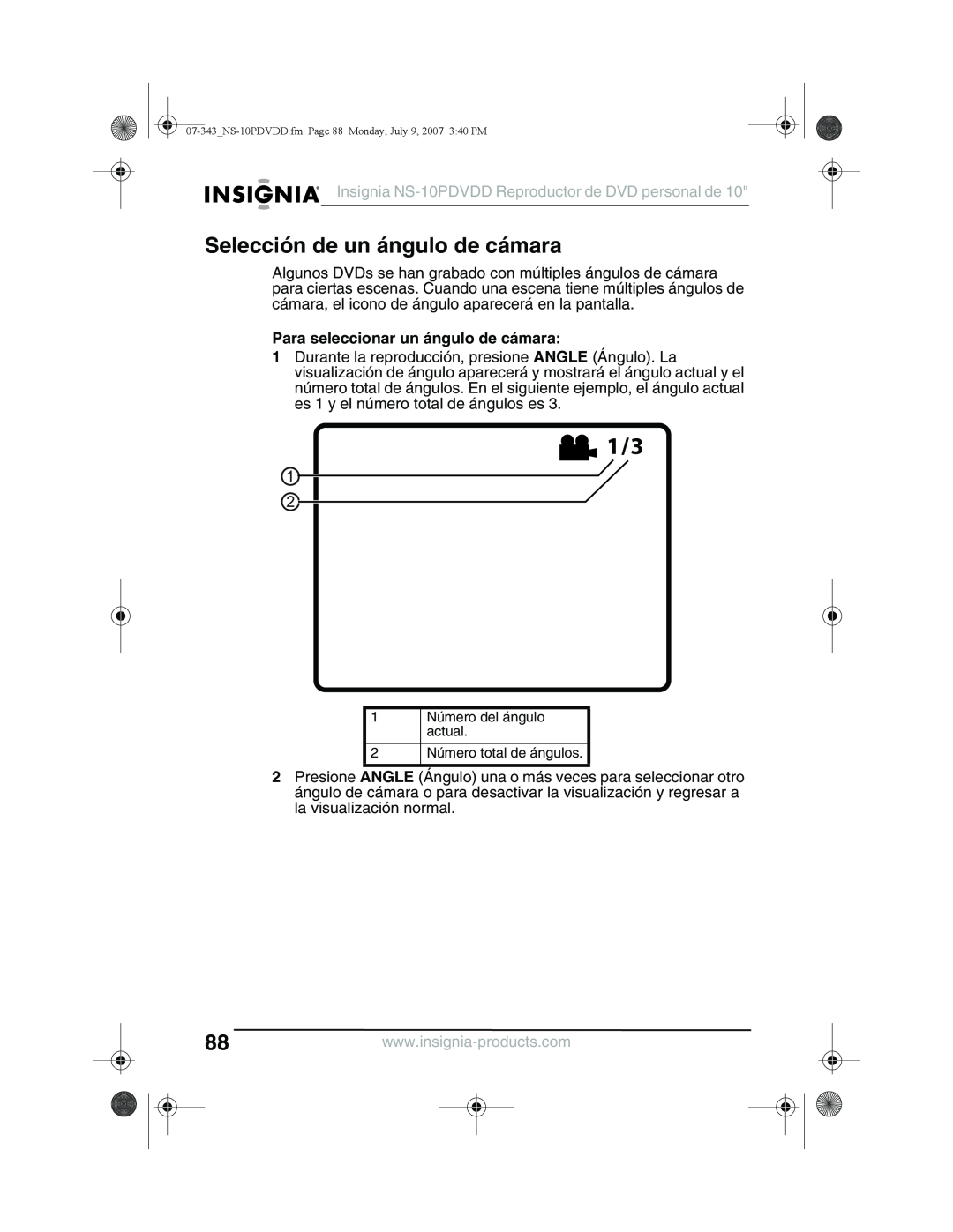 Insignia NS-10PDVDD manual Selección de un ángulo de cámara, Para seleccionar un ángulo de cámara 