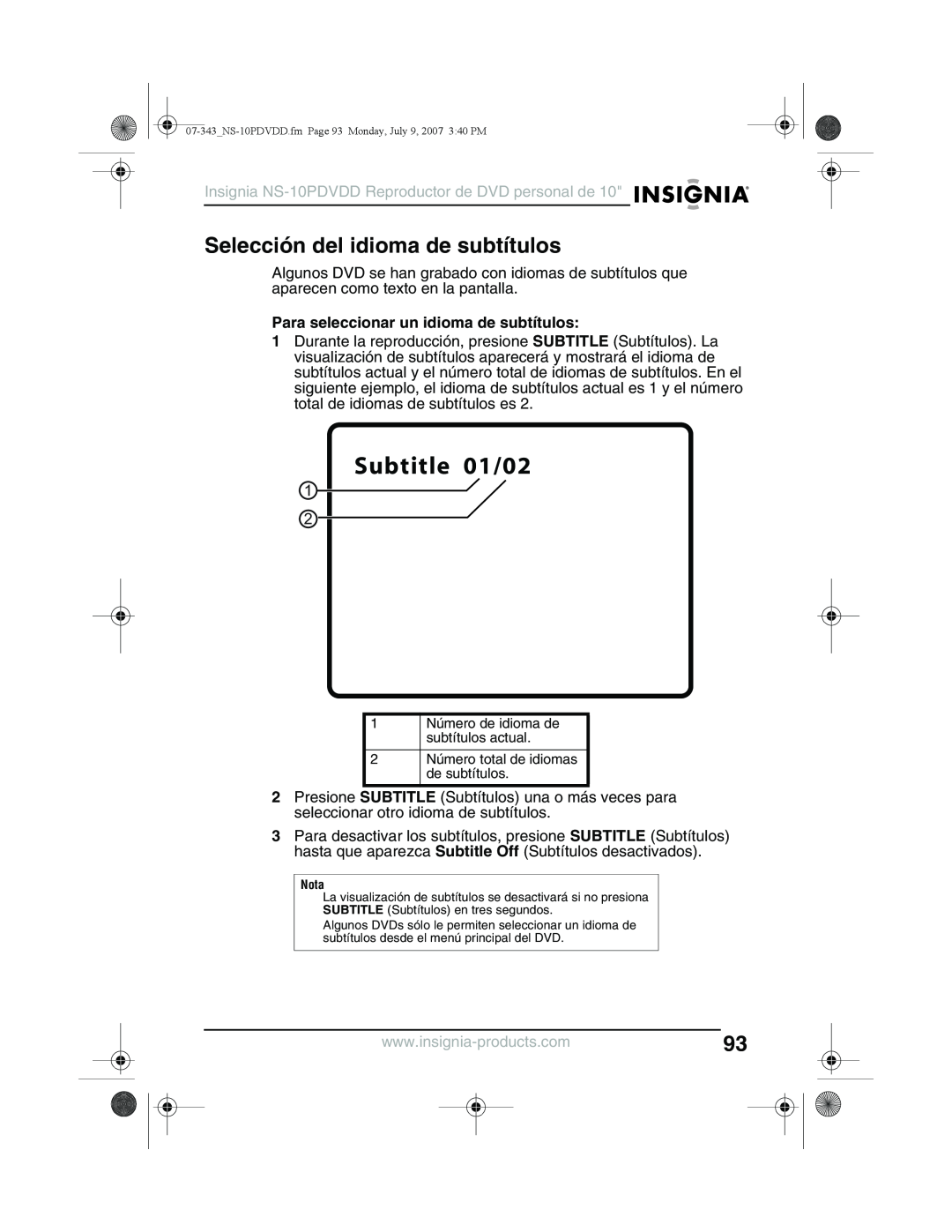 Insignia NS-10PDVDD manual Selección del idioma de subtítulos, Para seleccionar un idioma de subtítulos, Subtitle 01/02 