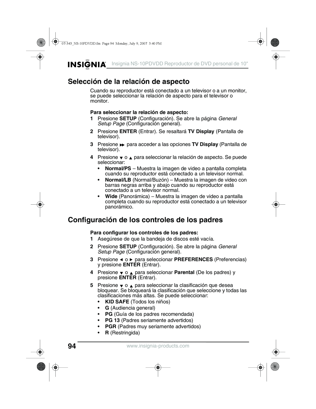 Insignia NS-10PDVDD manual Selección de la relación de aspecto, Configuración de los controles de los padres 