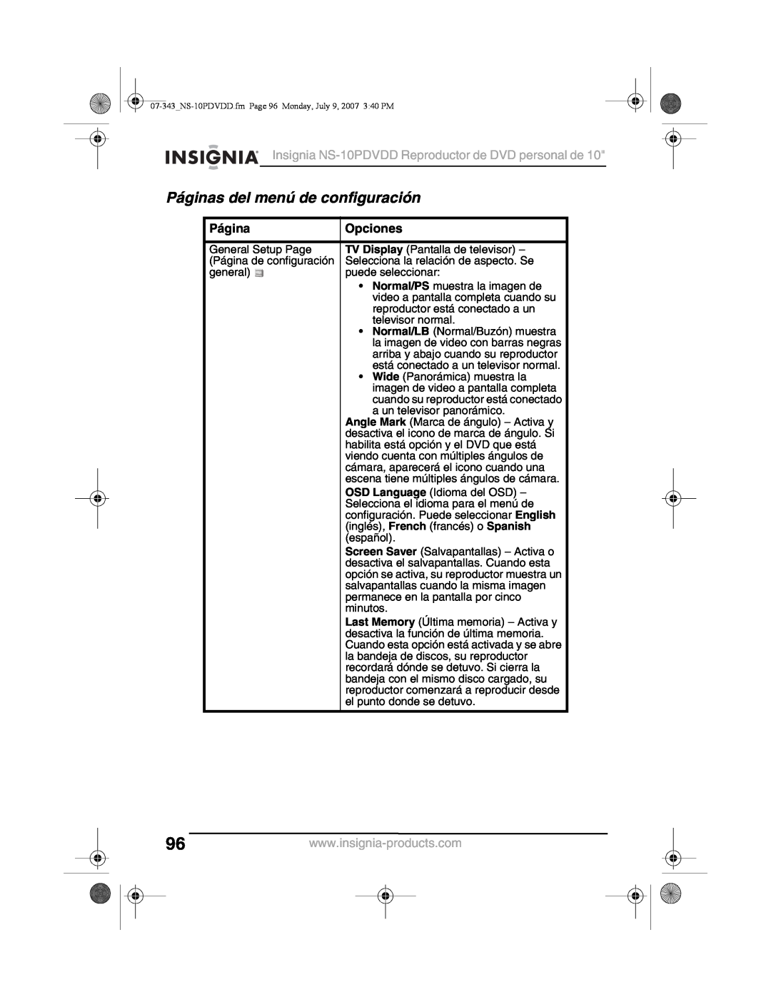 Insignia manual Páginas del menú de configuración, Opciones, Insignia NS-10PDVDD Reproductor de DVD personal de 