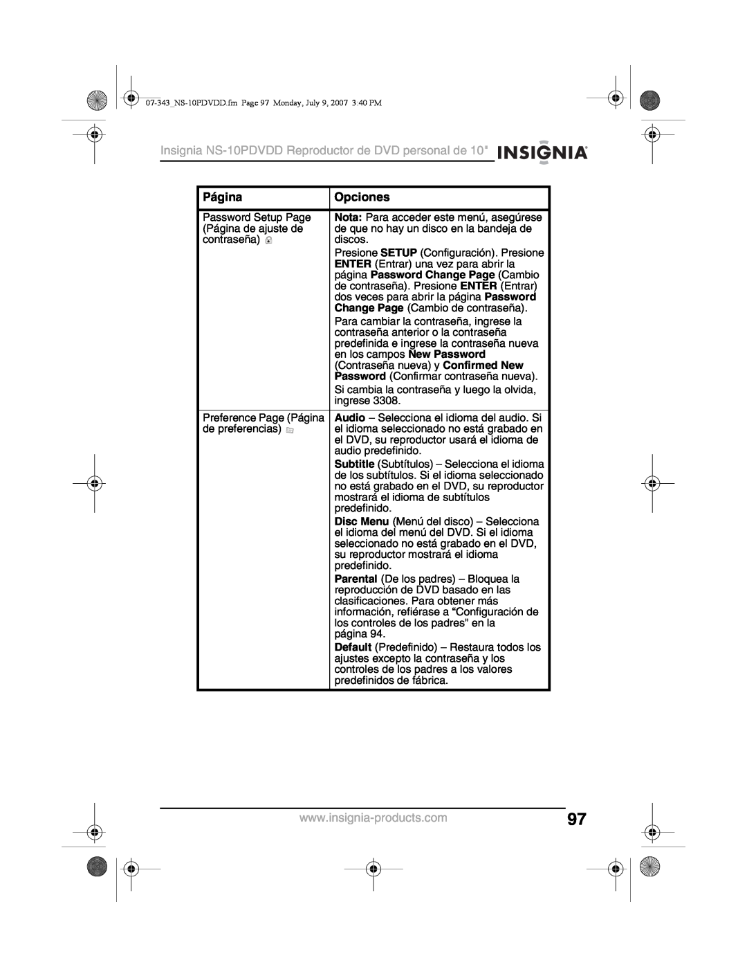 Insignia manual Insignia NS-10PDVDD Reproductor de DVD personal de, Página, Opciones, página Password Change Page Cambio 