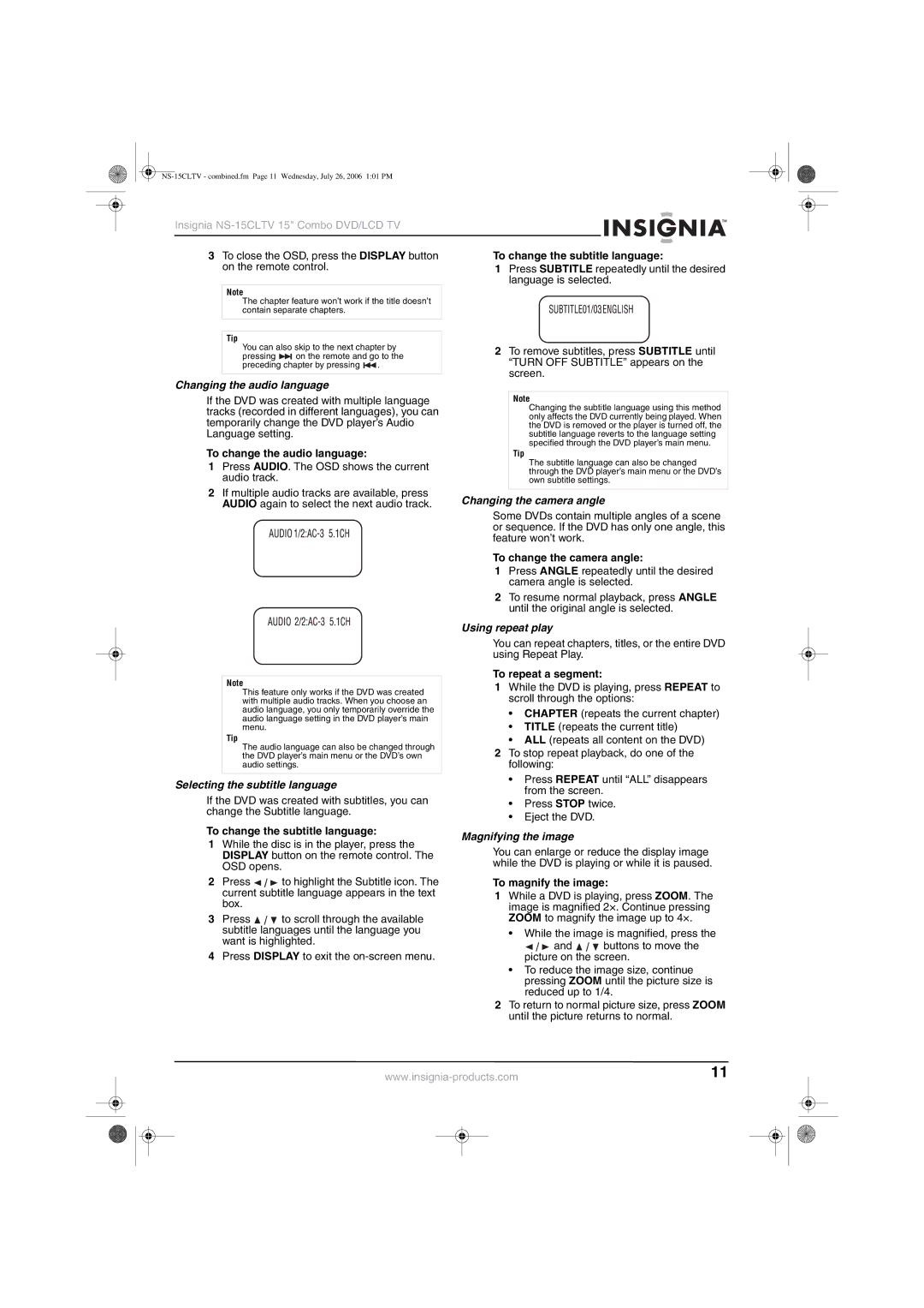 Insignia NS-15cltv manual Changing the audio language, Selecting the subtitle language, Changing the camera angle 